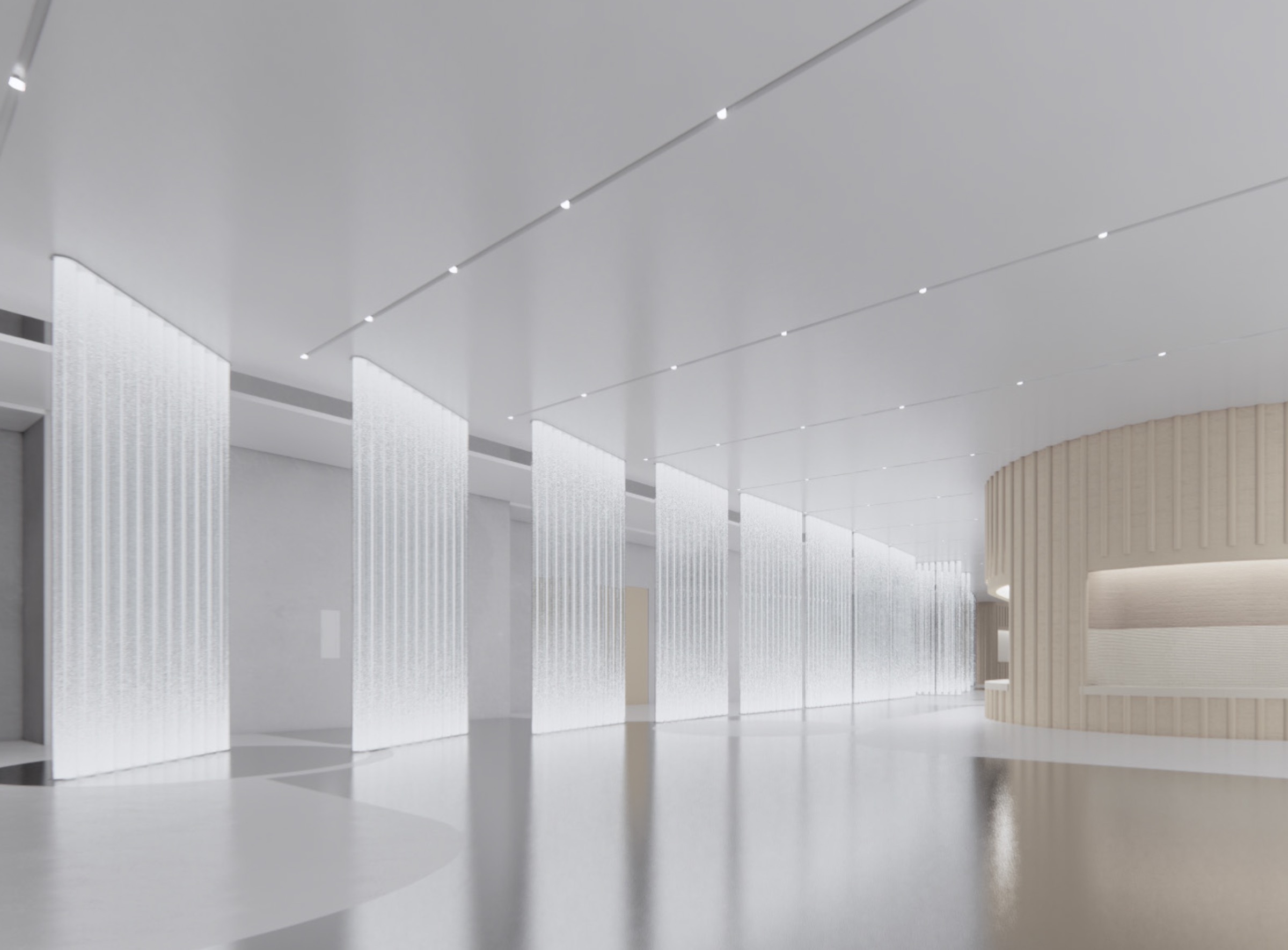 Lobby hall with a sequence of floor-to-ceiling crystalline light panels emitting white light, polished floor, and a curved timber-clad reception desk to the right