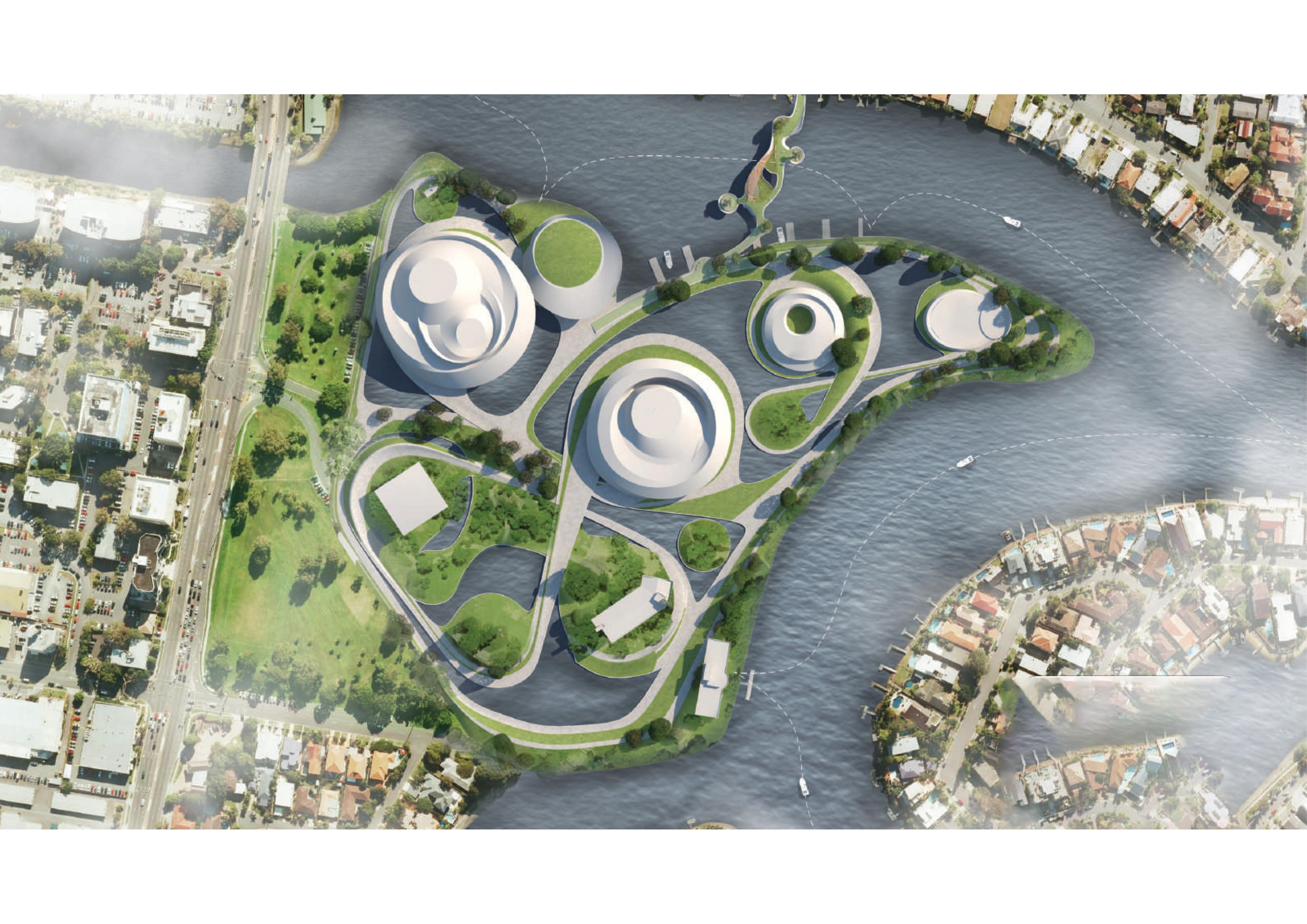 Overhead masterplan view showing the full site with circular performance venues, sculpted green islands, meandering paths, and waterways connecting to the surrounding urban fabric