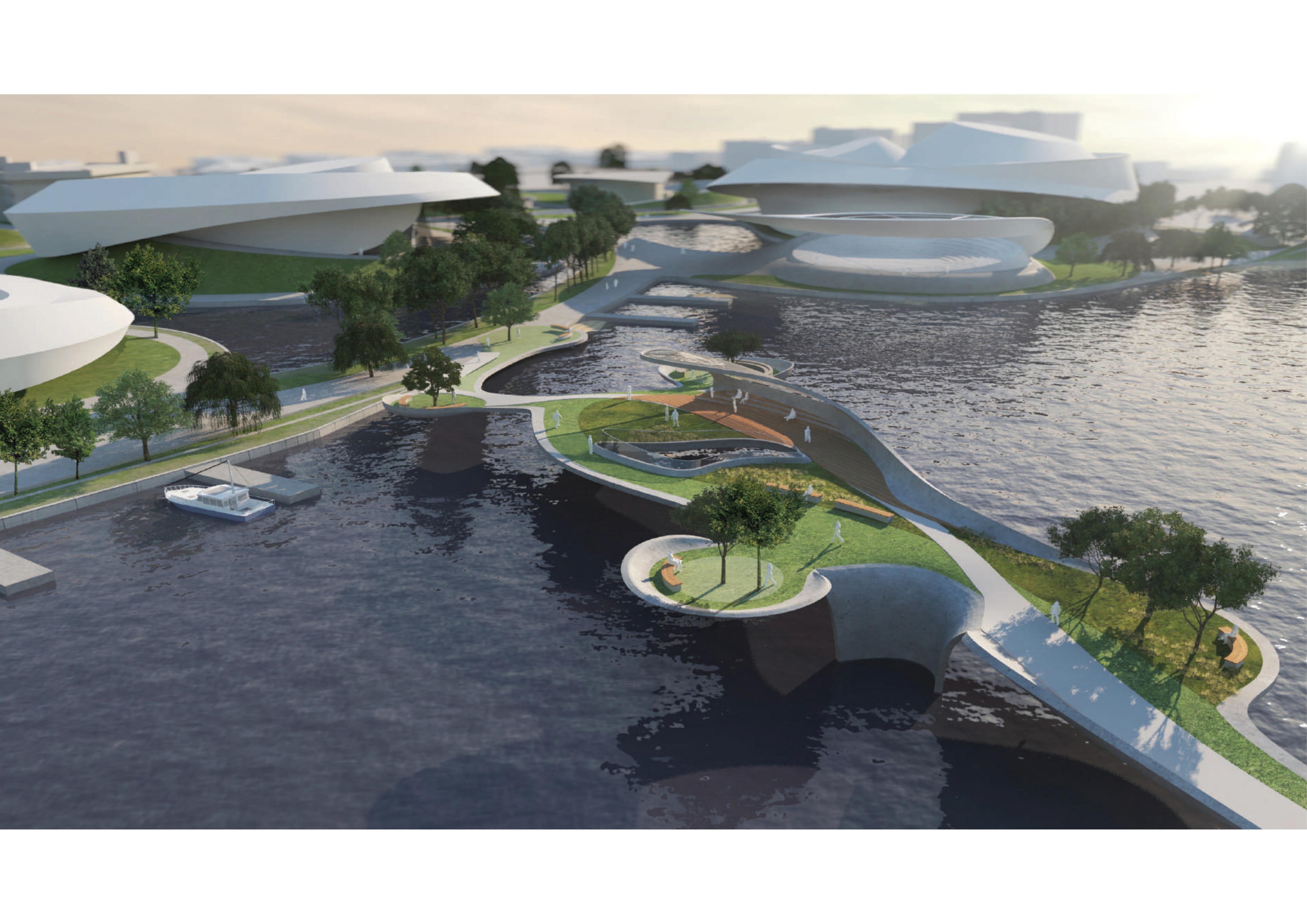 Eye-level view of the waterfront promenade and gateway bridge with sculpted green embankments, boat moorings, and the culture park buildings rising beyond