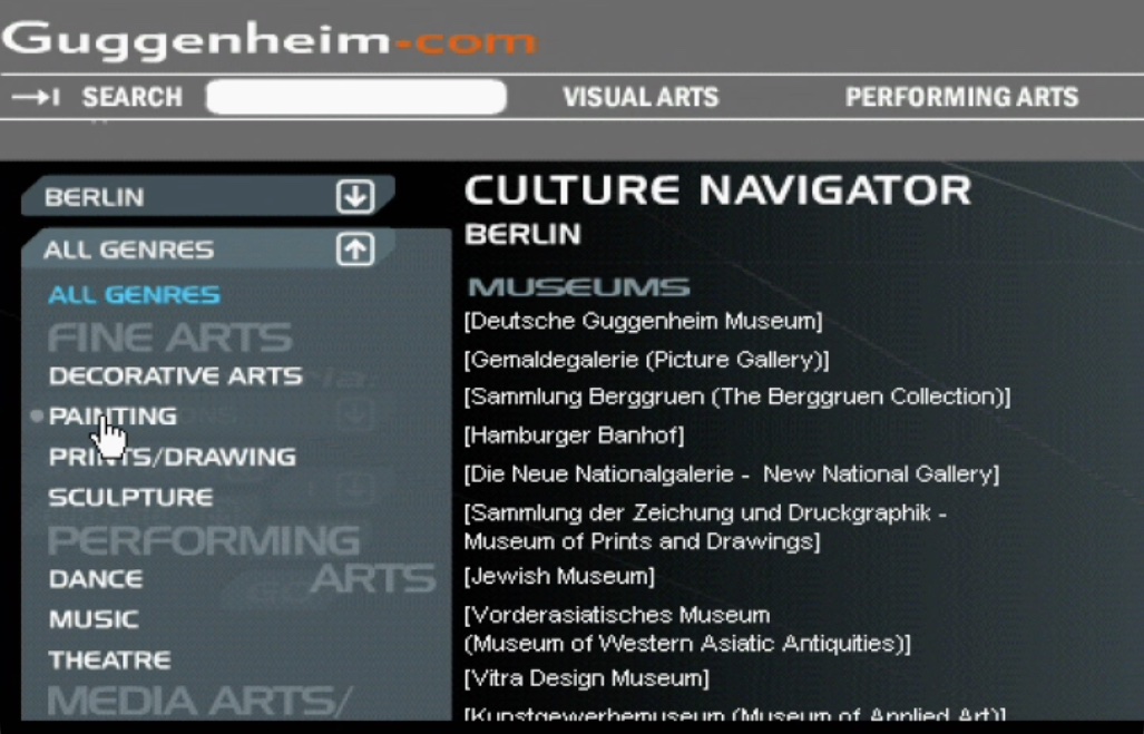 Culture Navigator Berlin showing museums, fine arts, photography, prints, performing arts, dance, media, and theatre categories with institution listings