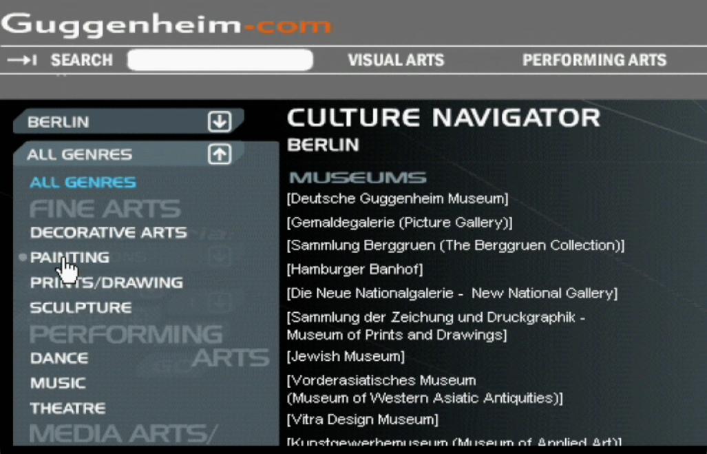 Culture Navigator Berlin showing museums, fine arts, photography, prints, performing arts, dance, media, and theatre categories with institution listings