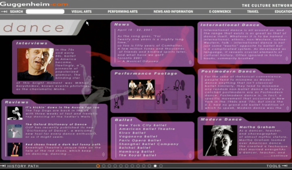 The Performing Arts Dance section with interviews, reviews, performance footage, and listings for ballet companies from New York City Ballet to the Bolshoi