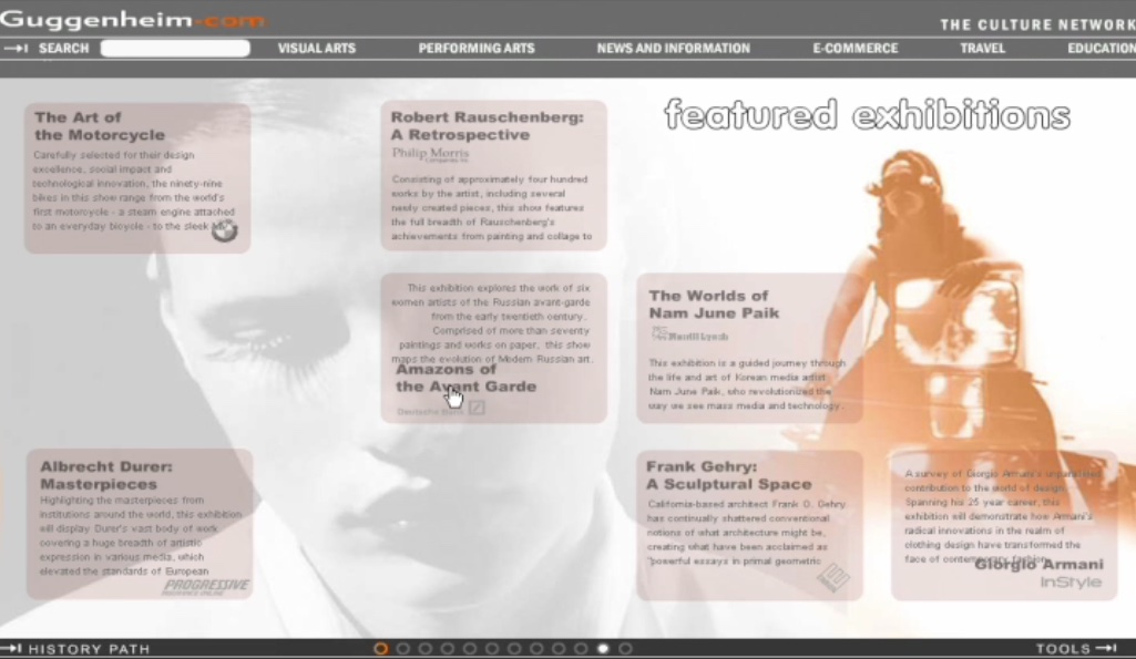 Featured Exhibitions including The Art of the Motorcycle, Robert Rauschenberg: A Retrospective, The Works of James Turrell, Mirrored Waves, and Frank Gehry at a Guggenheim Museum