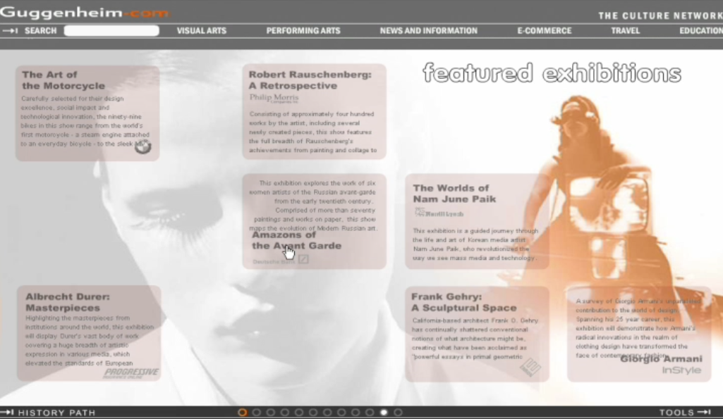 Featured Exhibitions including The Art of the Motorcycle, Robert Rauschenberg: A Retrospective, The Works of James Turrell, Mirrored Waves, and Frank Gehry at a Guggenheim Museum