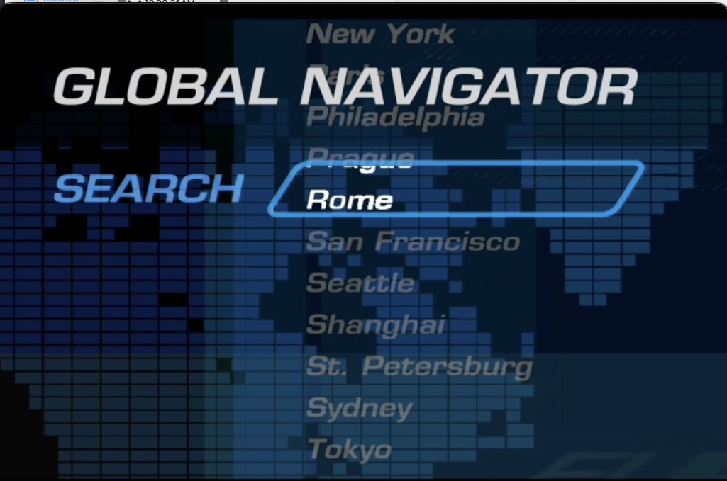 The Global Navigator — a world city selector showing New York, Philadelphia, Rome, San Francisco, Seattle, Shanghai, St. Petersburg, Sydney, and Tokyo