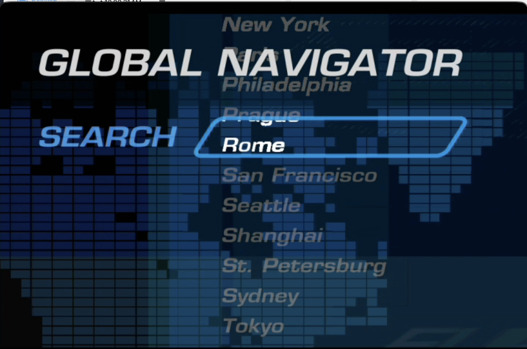 The Global Navigator — a world city selector showing New York, Philadelphia, Rome, San Francisco, Seattle, Shanghai, St. Petersburg, Sydney, and Tokyo