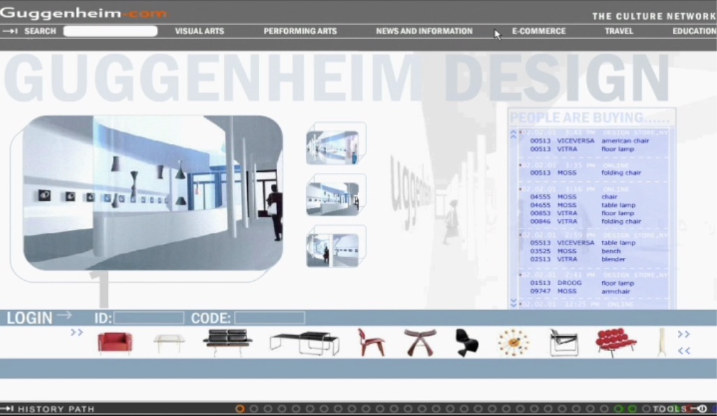 Guggenheim Design e-commerce section showing curated design objects, furniture, and accessories available for purchase within the platform