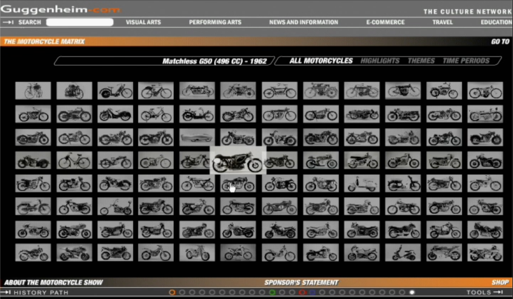 The Art of the Motorcycle — a complete interactive catalog of over 100 motorcycles navigable by era, highlights, themes, and time periods