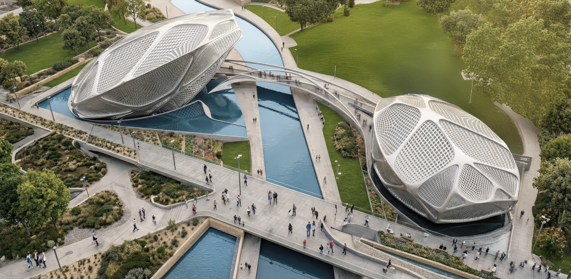 Aerial view of the two Guggenheim Digital Art Pavilions set within a landscaped grounds of planted terraces and linear reflecting pools, with the pair of perforated lens-shaped volumes linked by bridges and visitors circulating along the walkways between them