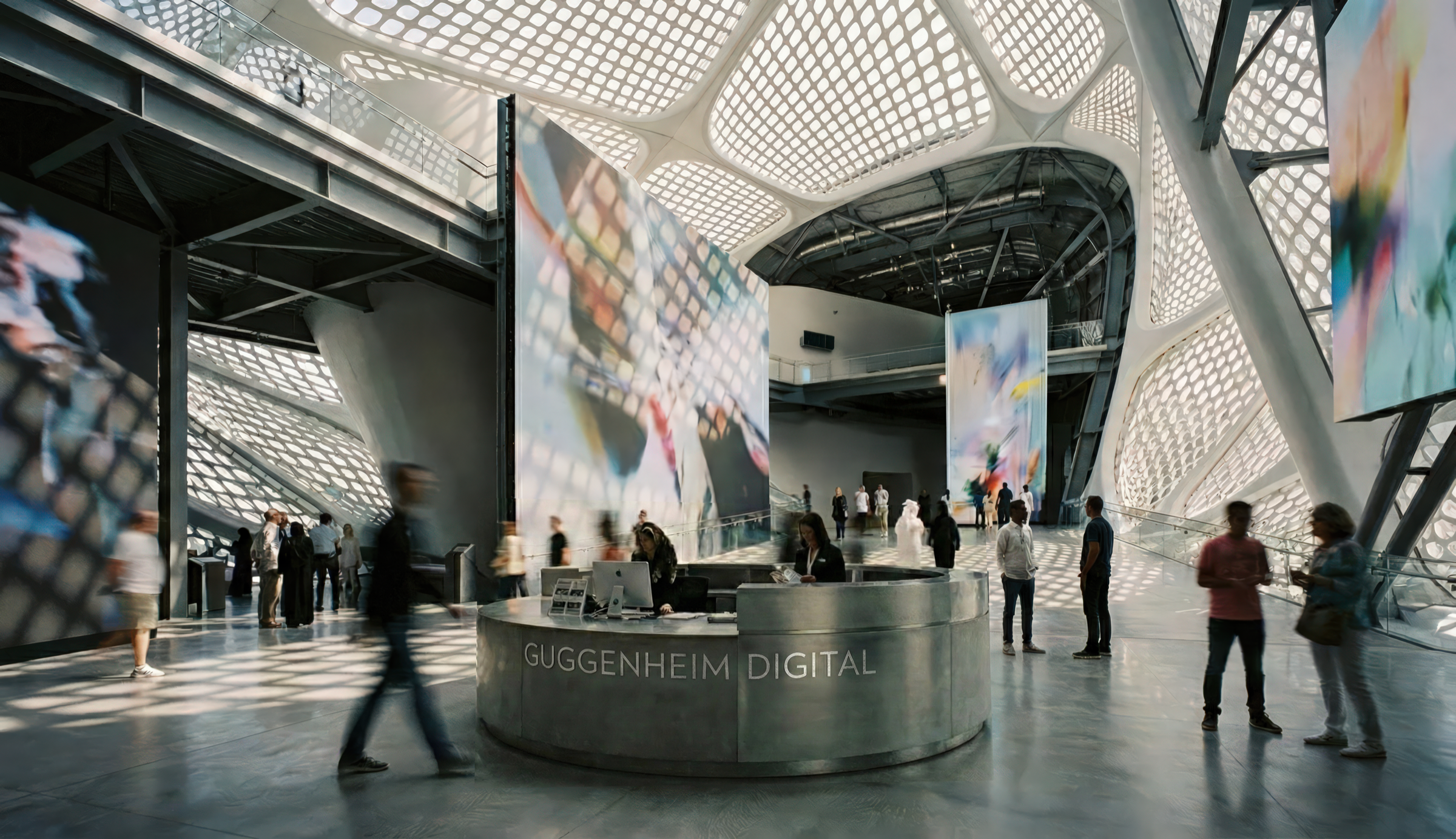 Interior of the Guggenheim Digital Art Pavilion beneath a latticed structural canopy, with a central GUGGENHEIM DIGITAL information desk, large-scale digital art screens displaying immersive projections, motion-blurred visitors, and a checkered floor