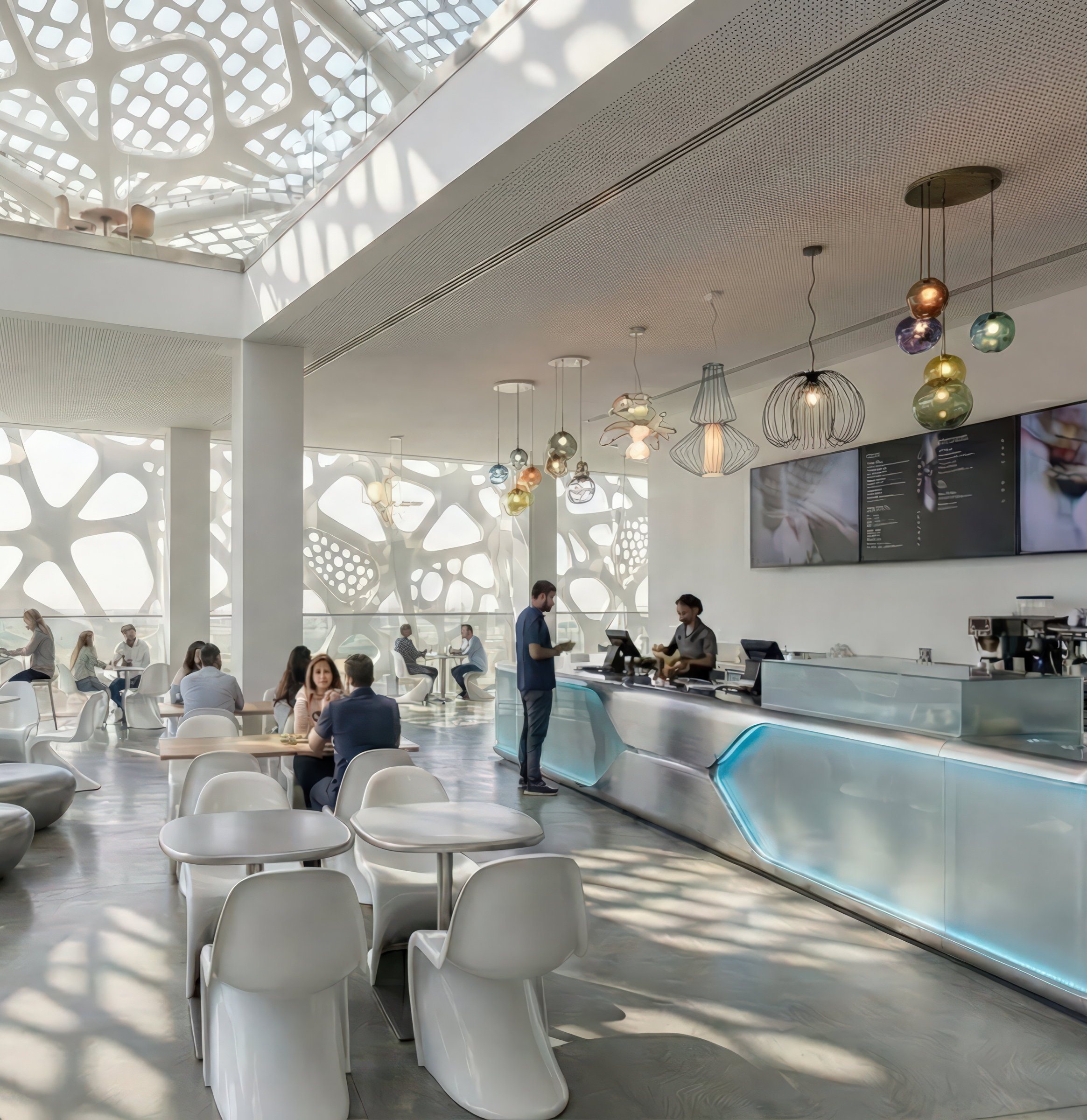 Pavilion café interior beneath a biomorphic latticed canopy ceiling casting patterned shadows, with visitors at white tables, a stainless steel service counter with illuminated blue edge, artisan pendant lights, and perforated facade panels filtering daylight