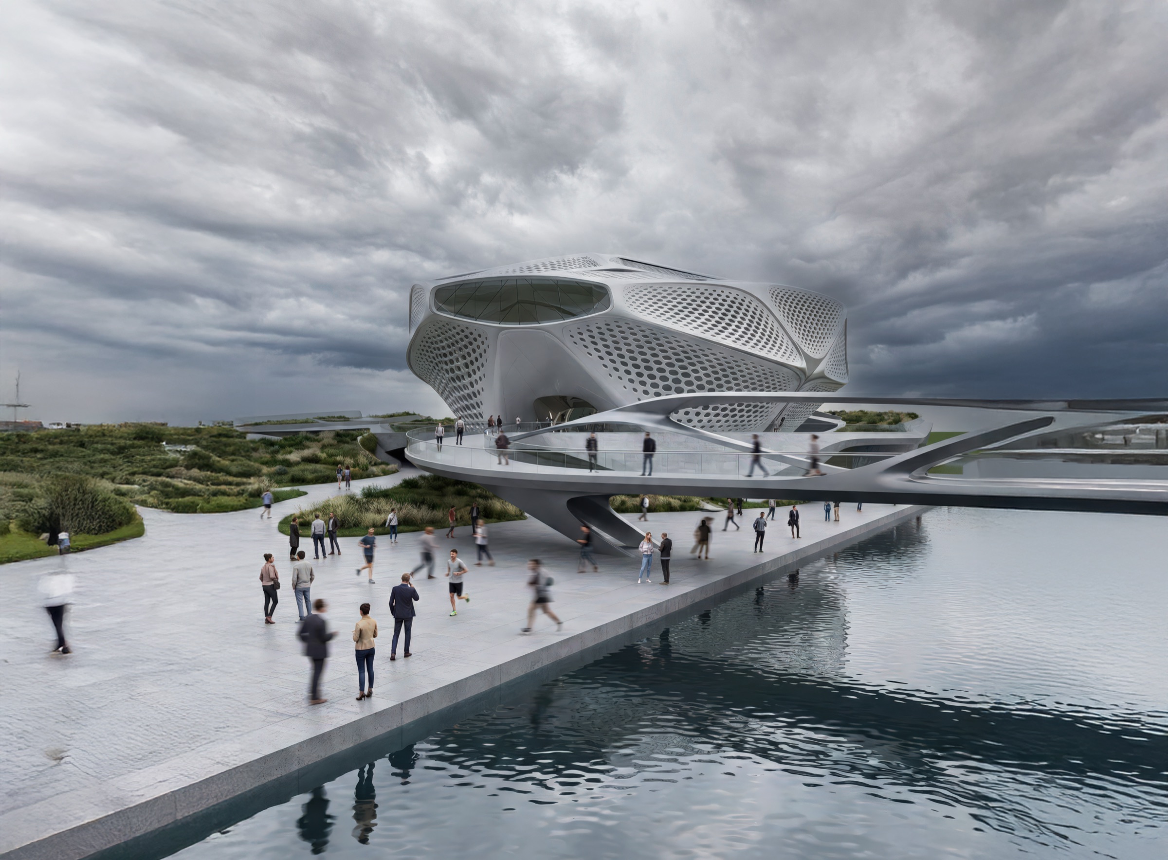 Ground-level view of a single Guggenheim Digital Art Pavilion rising behind a reflecting pool beneath a dramatic cloudy sky, with visitors walking along the water's edge and the perforated lens-shaped shell reflected in the still water