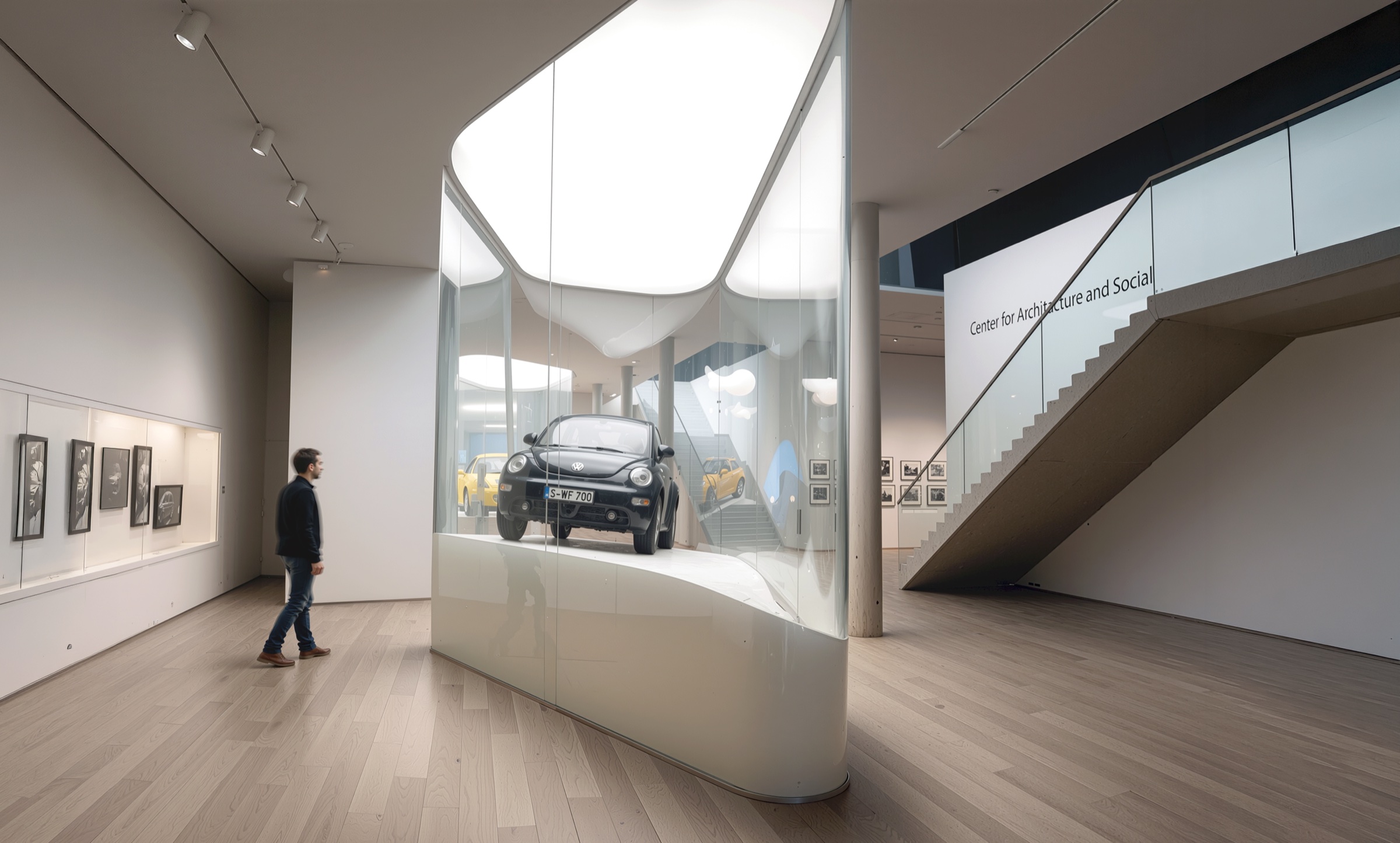 Interior of the Guggenheim.com store showing curved glass vitrines with curated design objects, luminous ceiling panels, and a gallery wall with artworks leading to an angular staircase