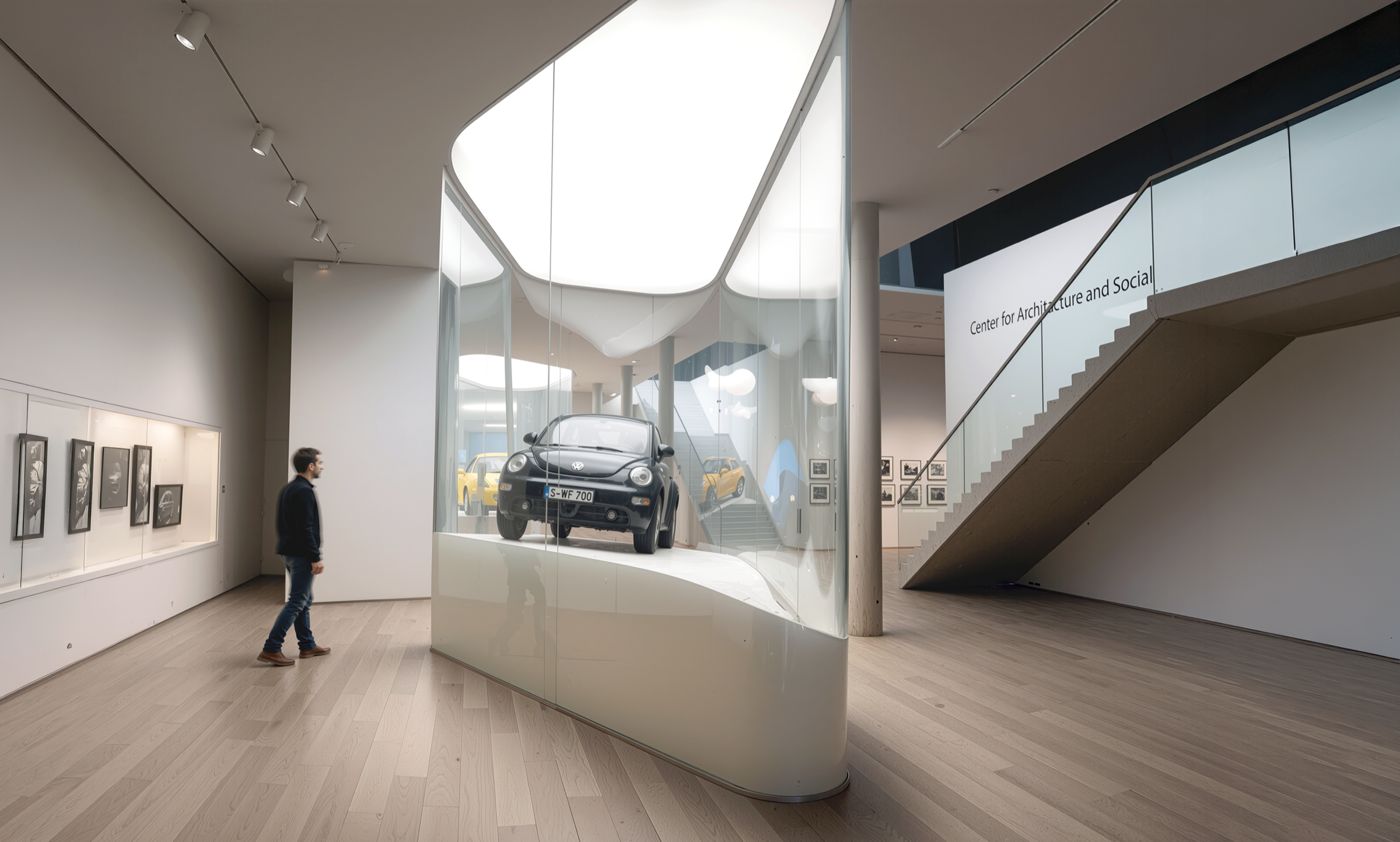 Interior of the Guggenheim.com store showing curved glass vitrines with curated design objects, luminous ceiling panels, and a gallery wall with artworks leading to an angular staircase