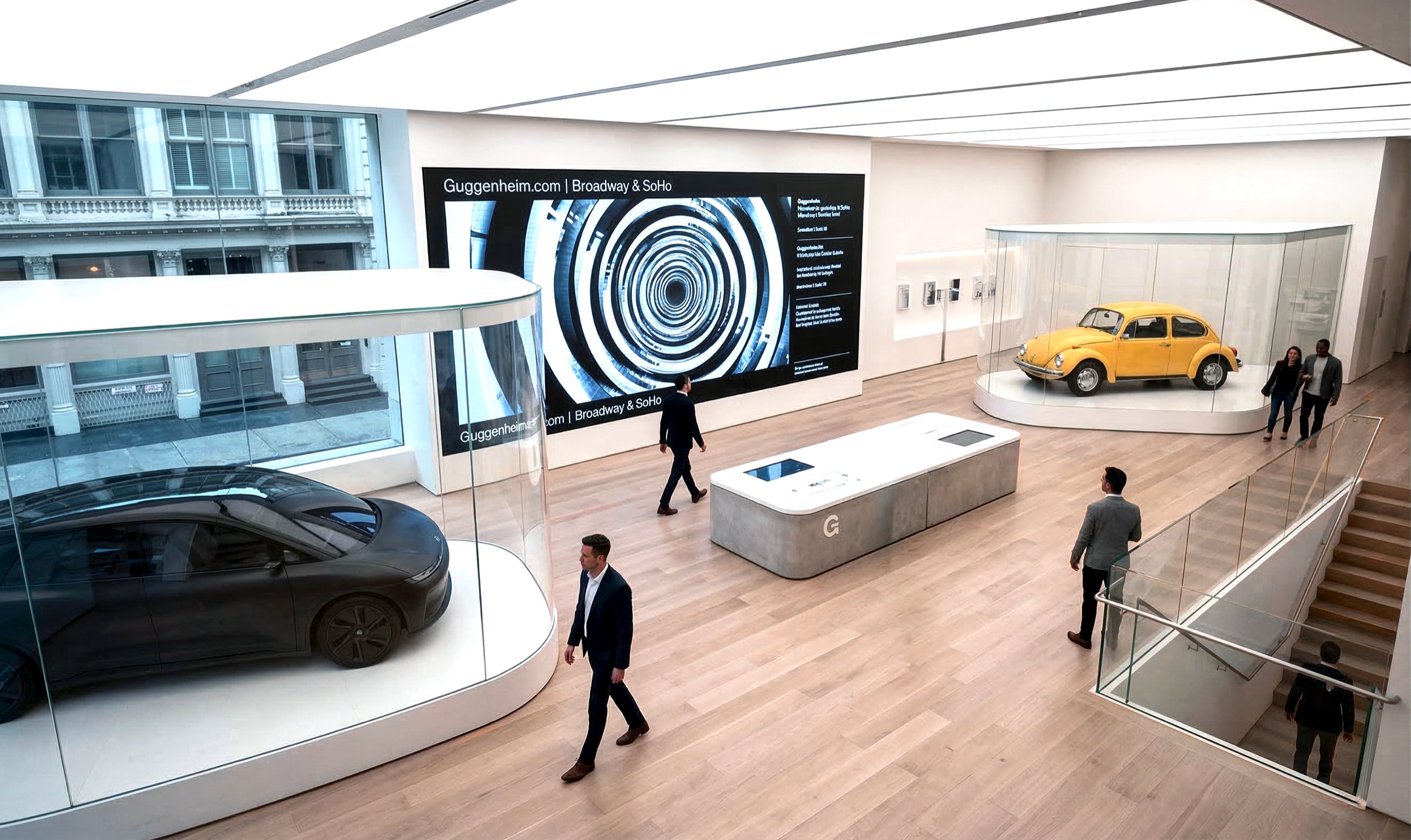 Elevated view of the retail floor showing a large digital screen displaying the Guggenheim.com spiral graphic, glass vitrines with curated objects, and an interactive central kiosk