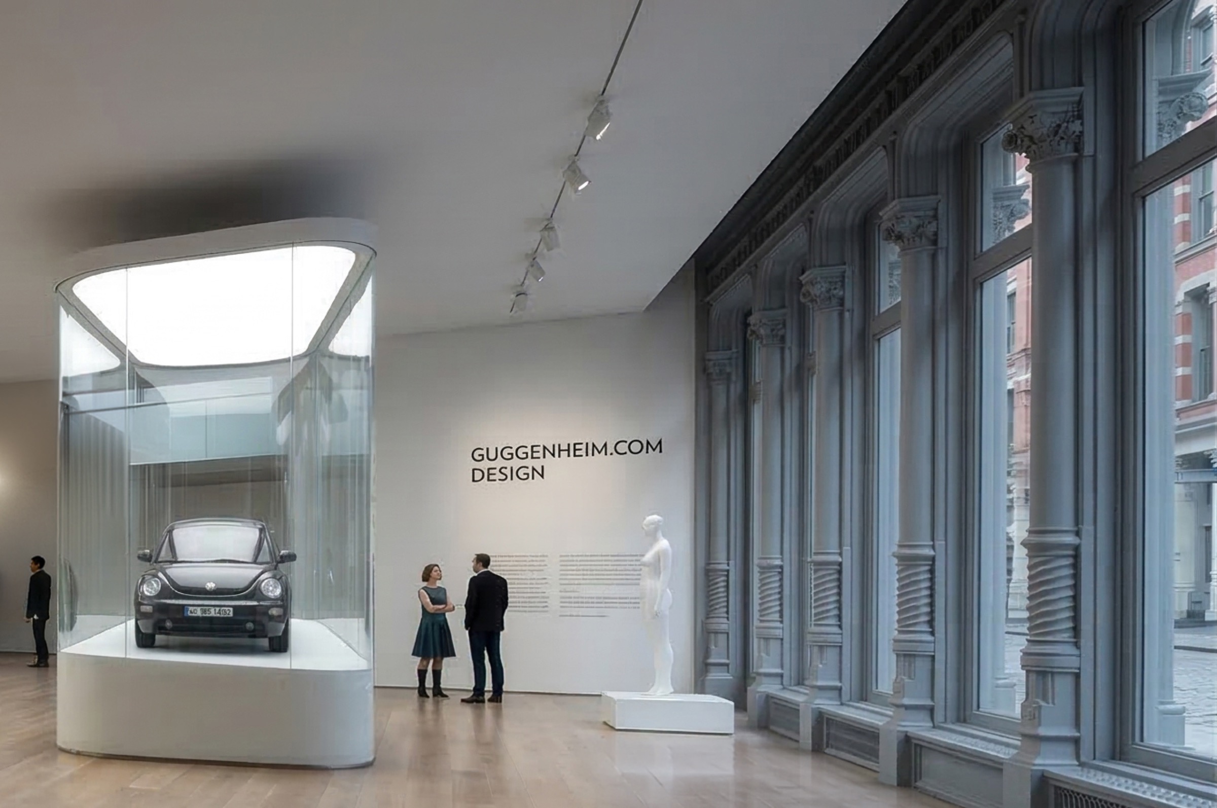 Interior view showing a glass vitrine with luminous canopy alongside the GUGGENHEIM.COM DESIGN branded wall, SoHo cast-iron facade visible through full-height glazing