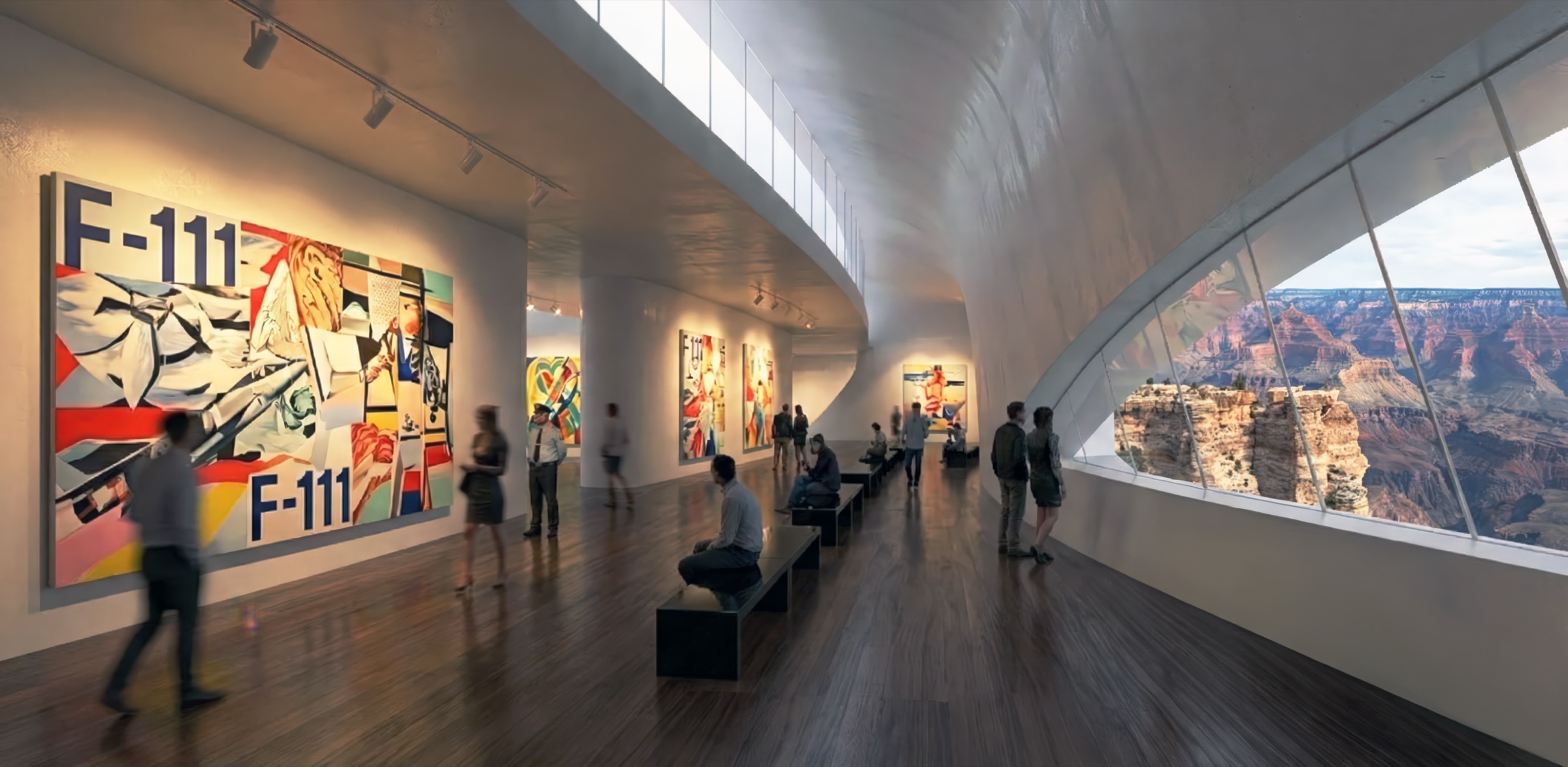 Dark-walled gallery with large-scale paintings including Rosenquist's F-111, visitors circulating, wooden benches, and a dramatic angled window revealing the canyon