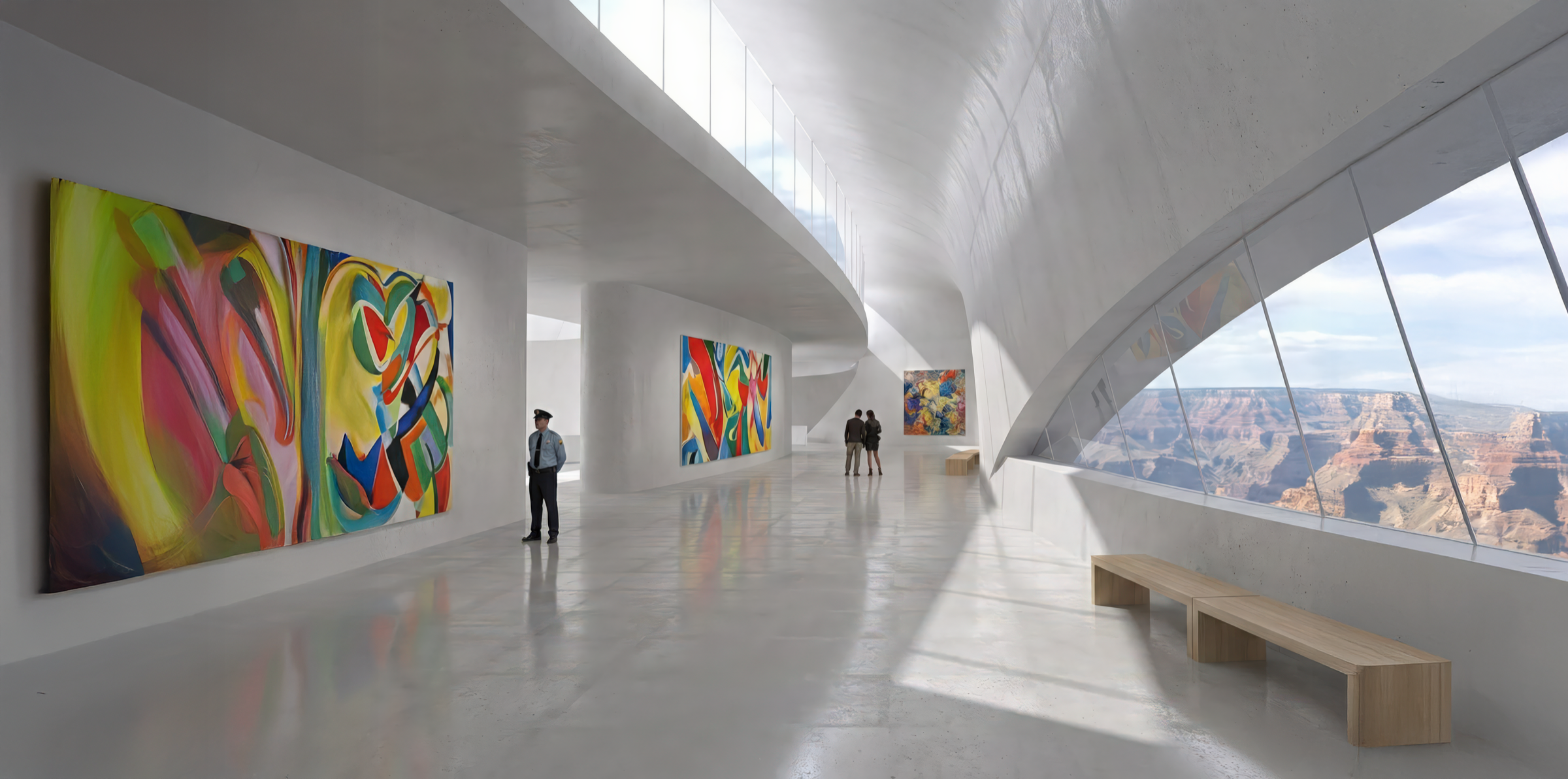 White gallery space with curved concrete walls and ceiling, large colorful paintings on display, visitors, and a sweeping arched window framing a panoramic view of the Barranca canyon