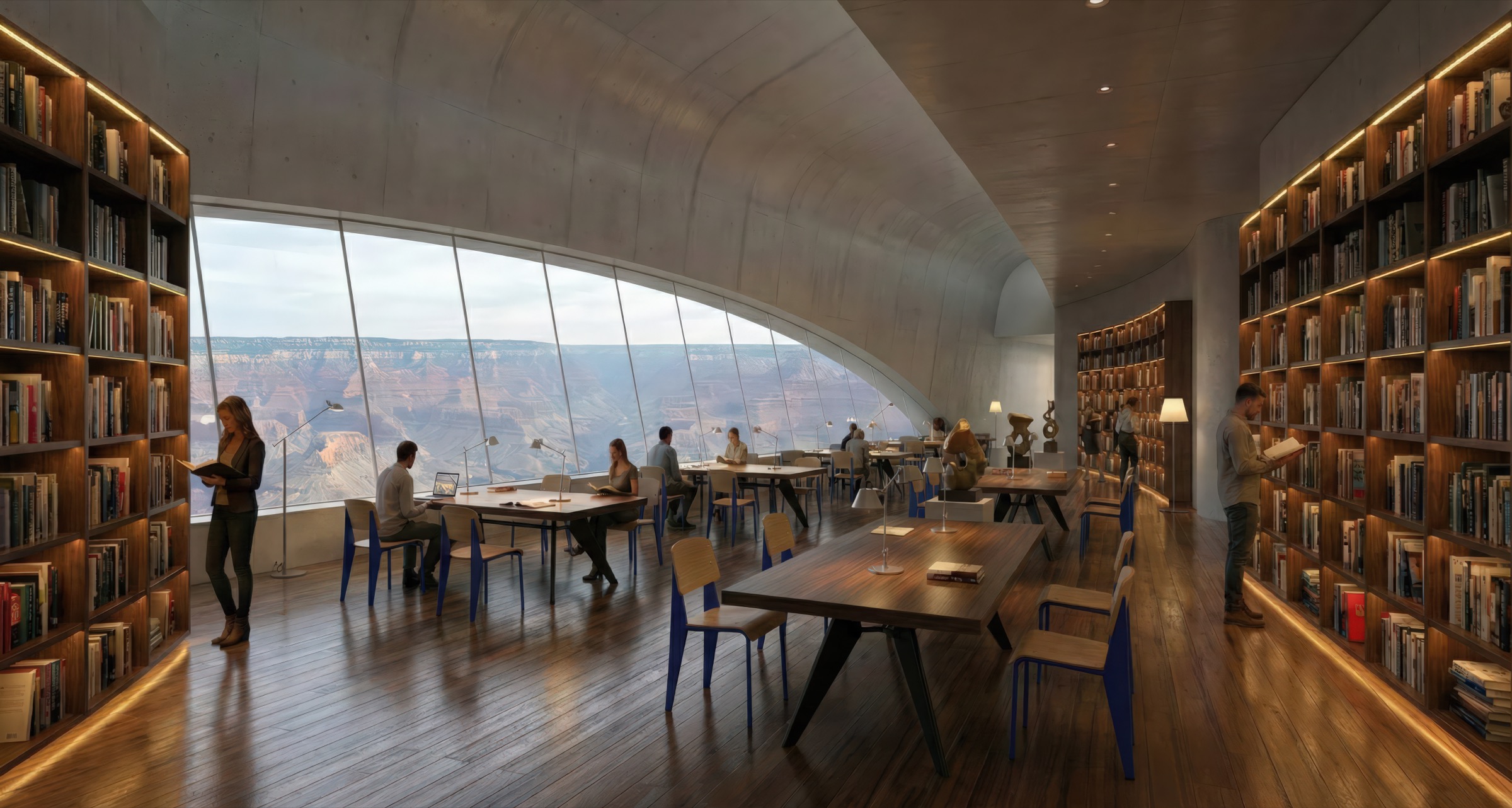 Library and reading room with floor-to-ceiling bookshelves on both sides, visitors at wooden study tables, and a sweeping curved window opening to the canyon panorama