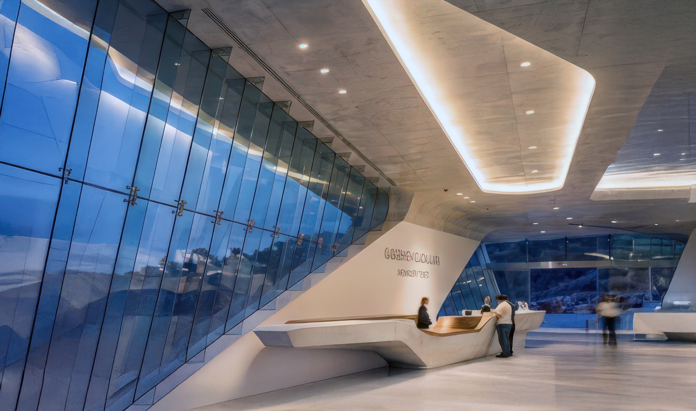 Museum lobby at blue hour with angled glass curtain wall, the Guggenheim Guadalajara ticketing desk, floating concrete ceiling plane with warm edge lighting, and visitors