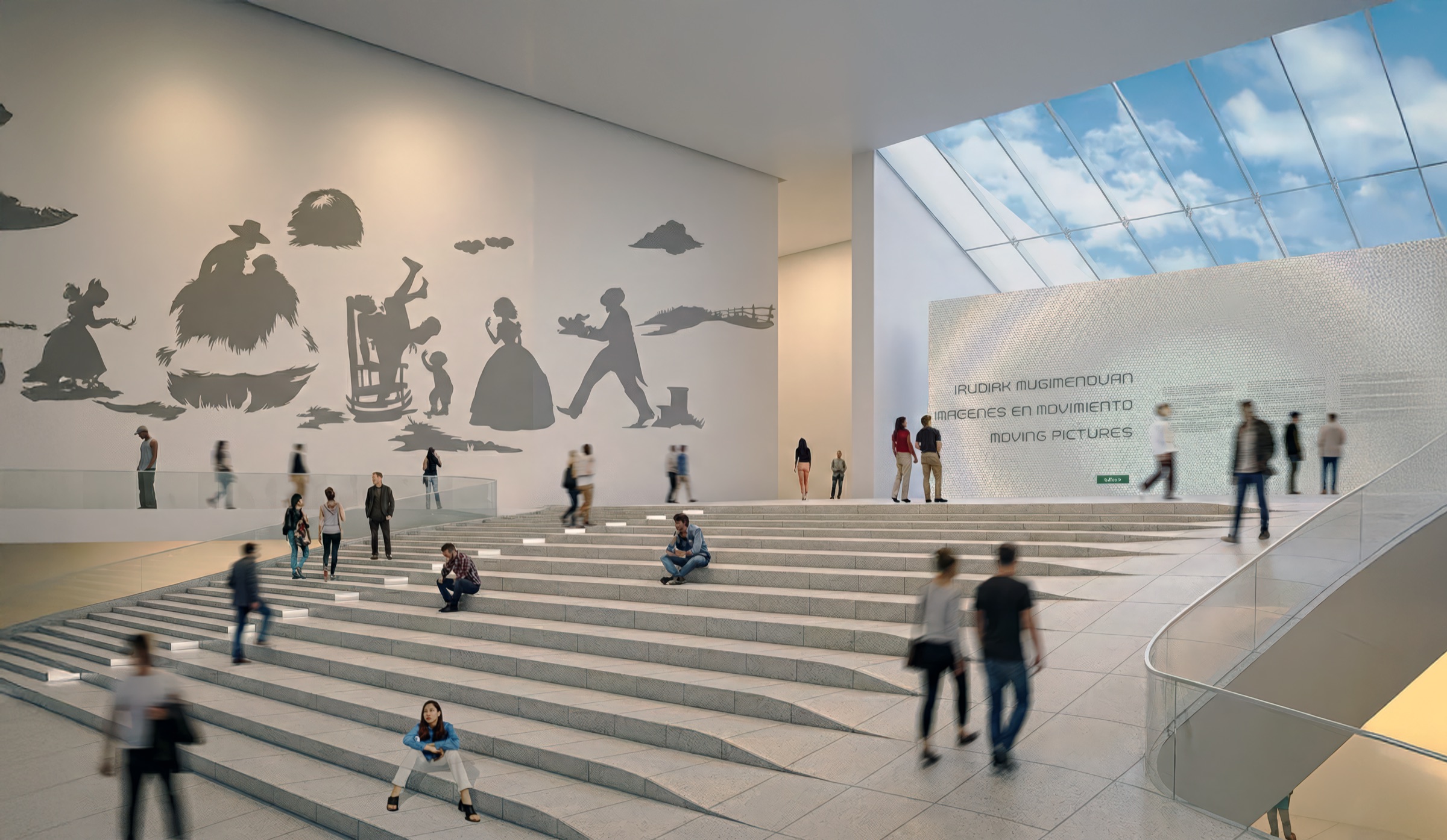 The museum's grand public stair rising through a double-height lobby, with a large-scale exhibition graphic on the far wall, visitors ascending and descending, and angled glazing framing the canyon