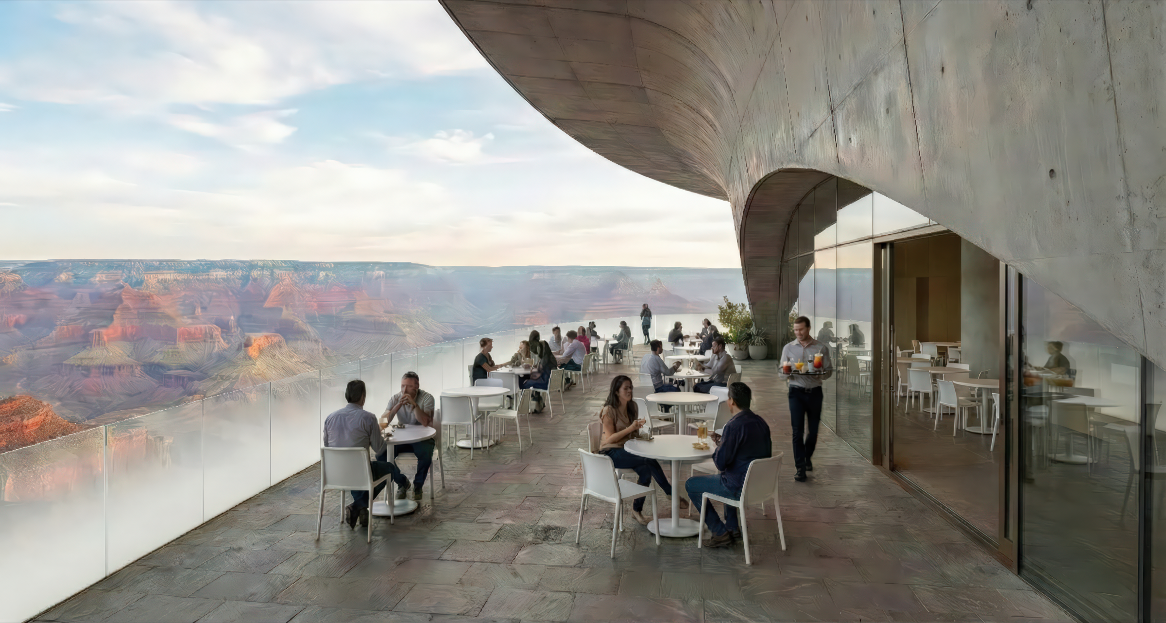 Outdoor terrace café beneath a sweeping concrete canopy with diners at white tables, a waiter, and a dramatic panoramic view of the Barranca canyon in warm light