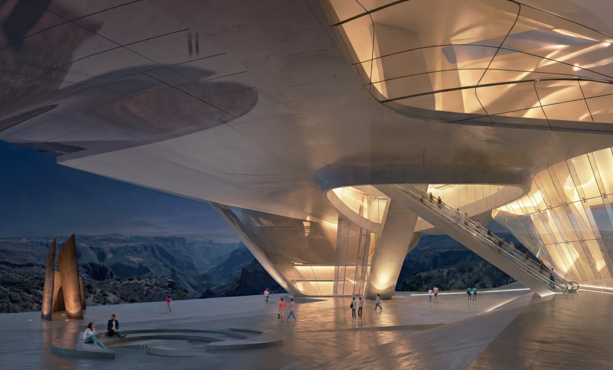 Night view of the cultural Zócalo plaza beneath the illuminated underbelly of the lifted museum, with corner buildings supporting the sweeping form overhead, pedestrians crossing the lit plaza, and the canyon darkness beyond