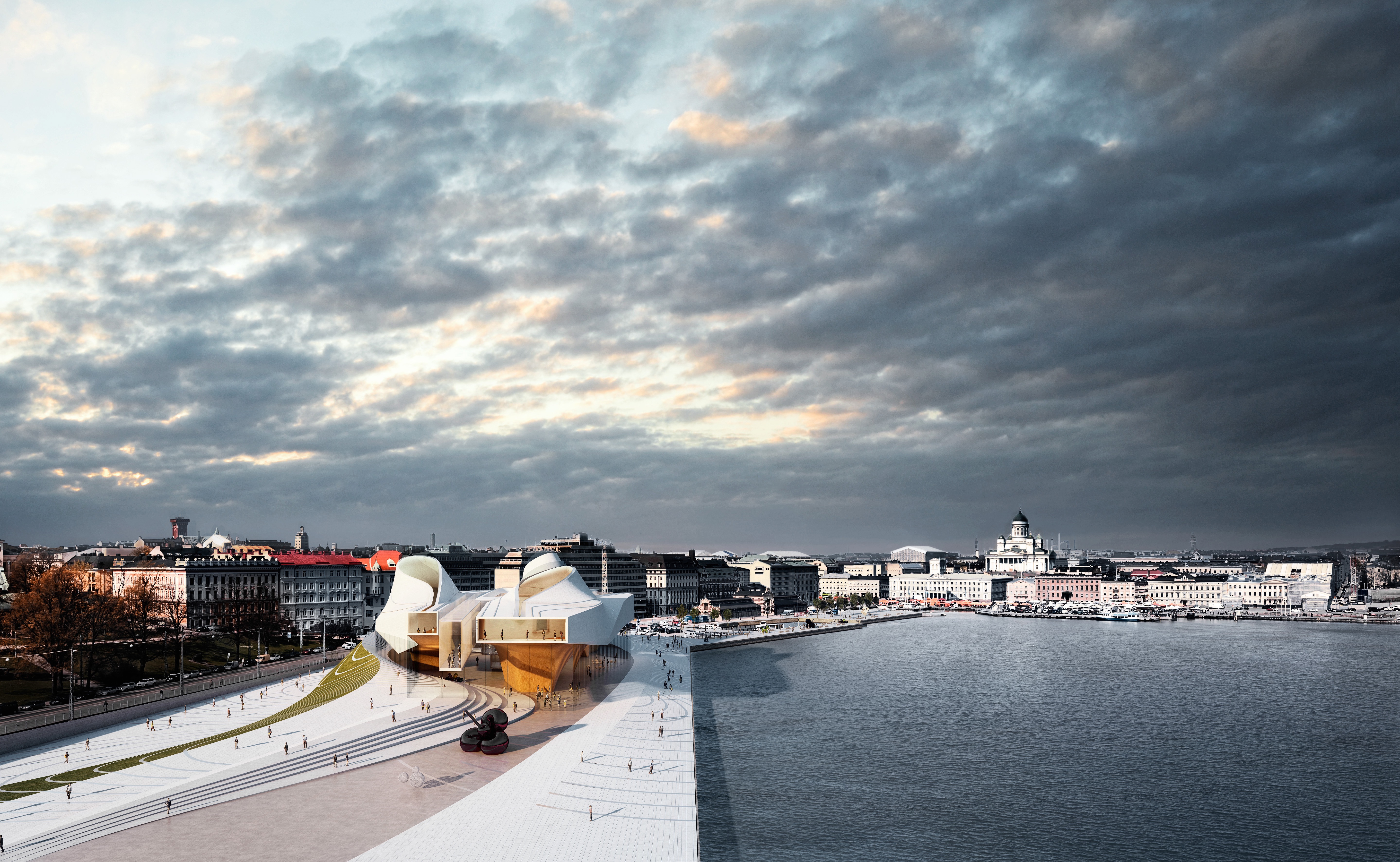 Panoramic waterfront view of the Guggenheim Helsinki with dramatic cloud-filled sky, the museum's sculptural white volumes along the harbor promenade, Helsinki Cathedral in the distance