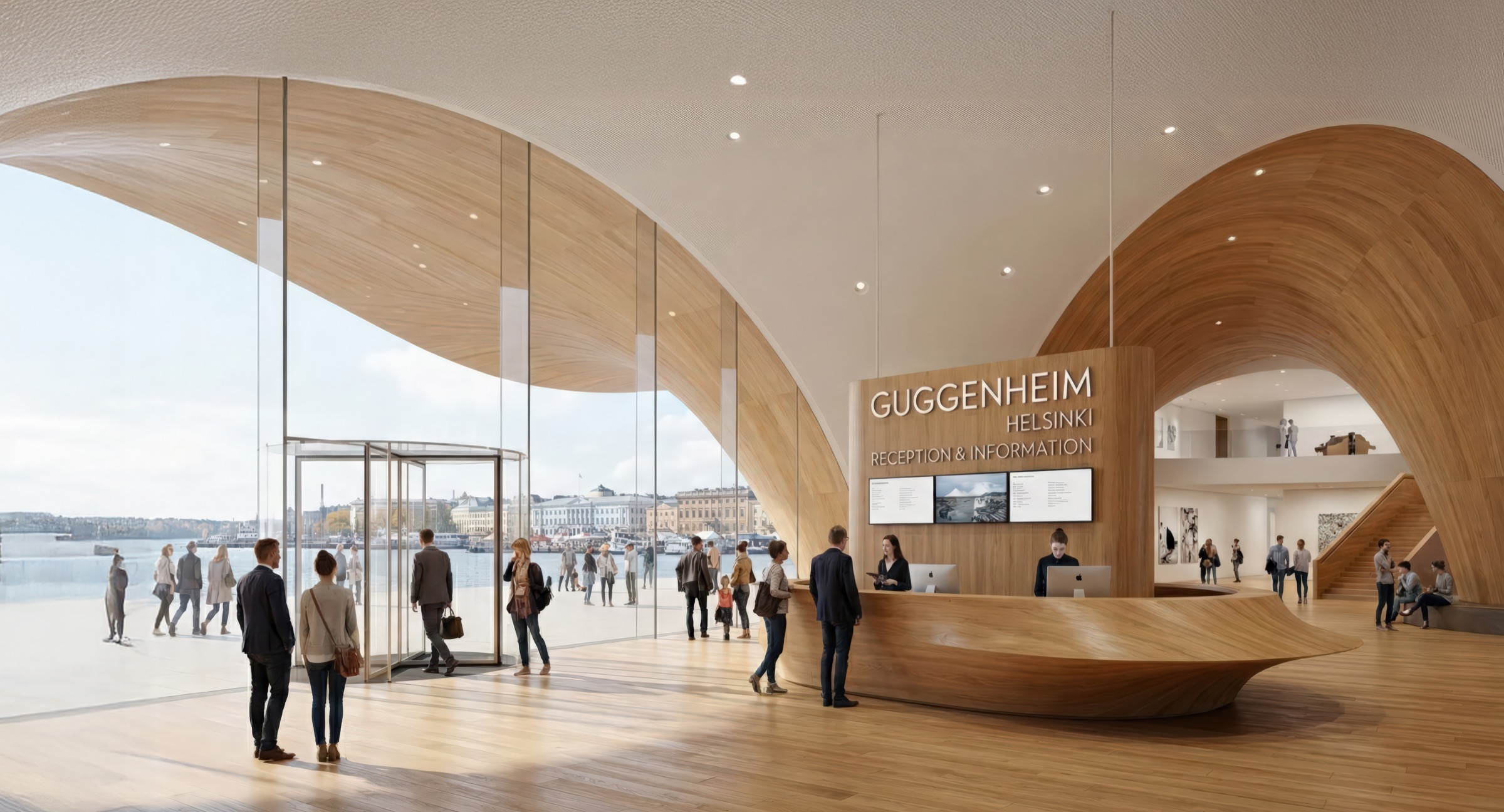 Approach to the museum entrance with the timber-clad ground floor opening to the harbor promenade and visitors arriving
