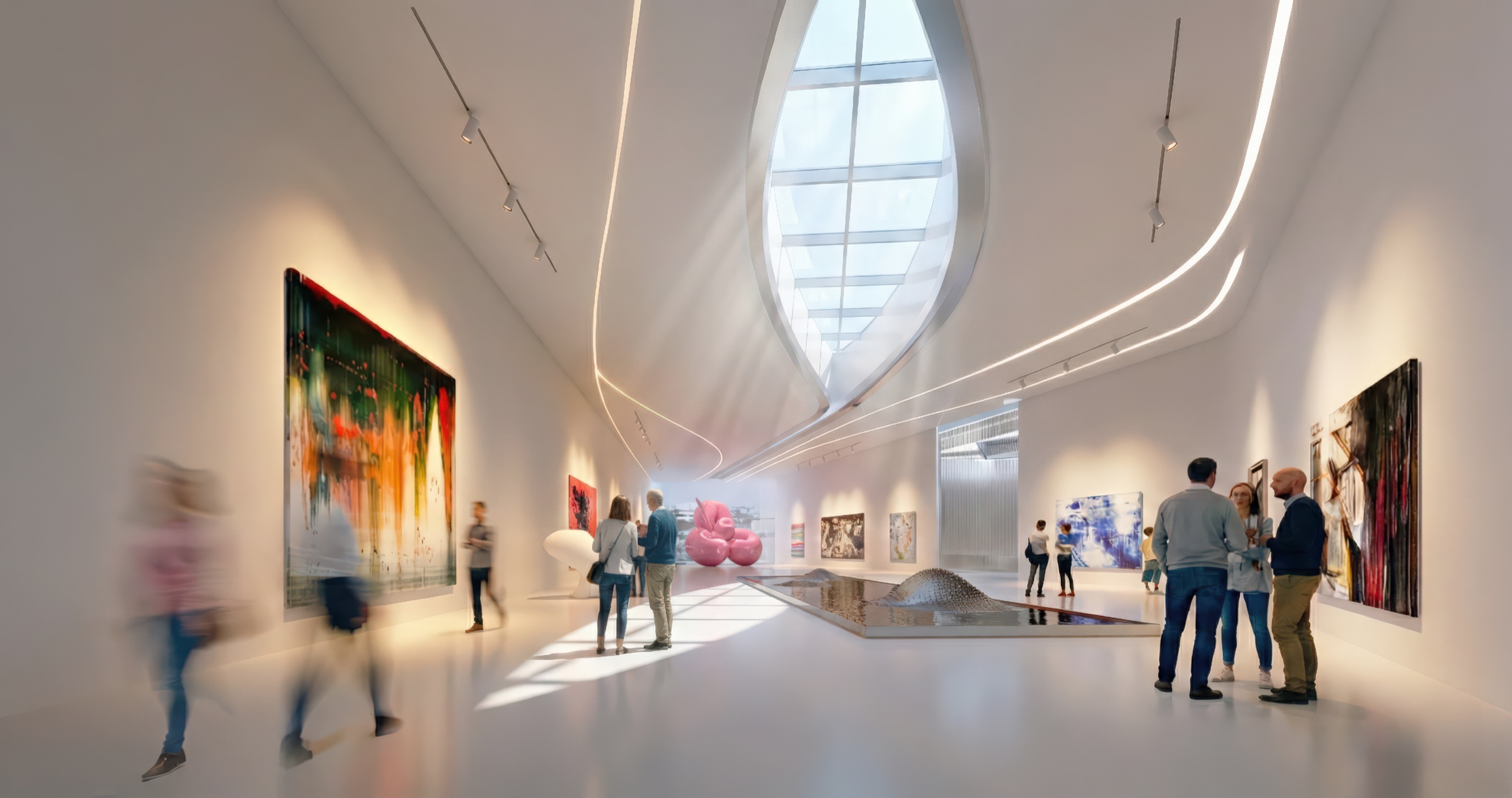 White gallery interior flooded with natural light from an eye-shaped skylight, contemporary paintings on the walls, visitors viewing art and a pink sculpture