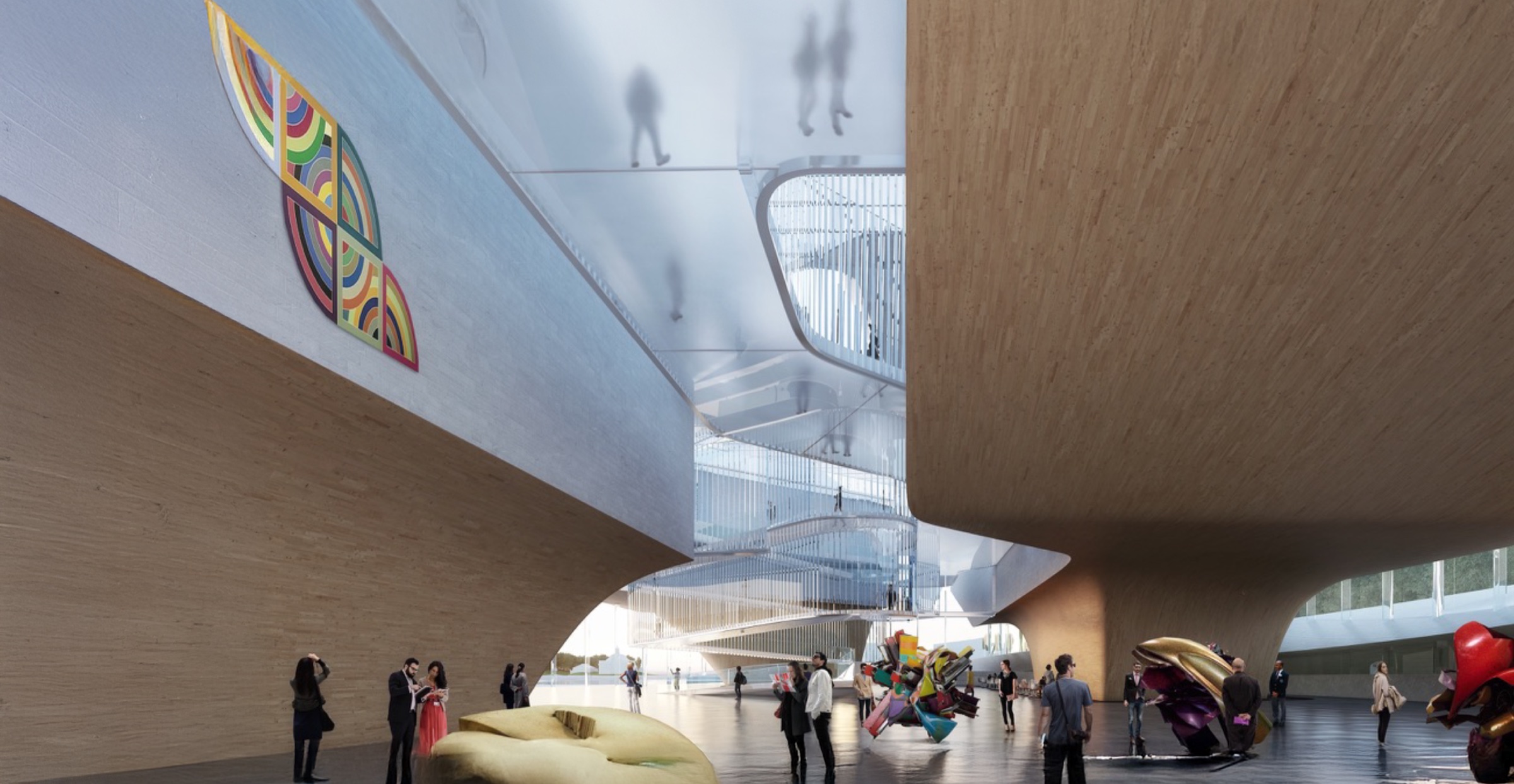 Grand hall interior with timber ceiling volumes, a spiraling glass staircase, colorful geometric wall art, and large-scale sculptures with visitors throughout