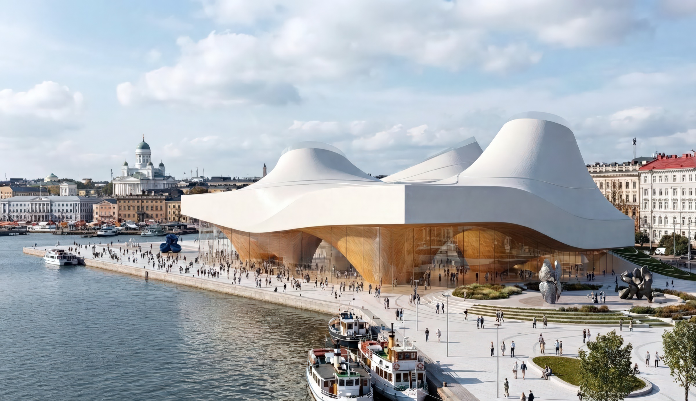Exterior rendering of the ARKIPELAGO Guggenheim Helsinki museum on the harbor with undulating white roof forms rising above a golden timber base, Helsinki Cathedral and cityscape beyond