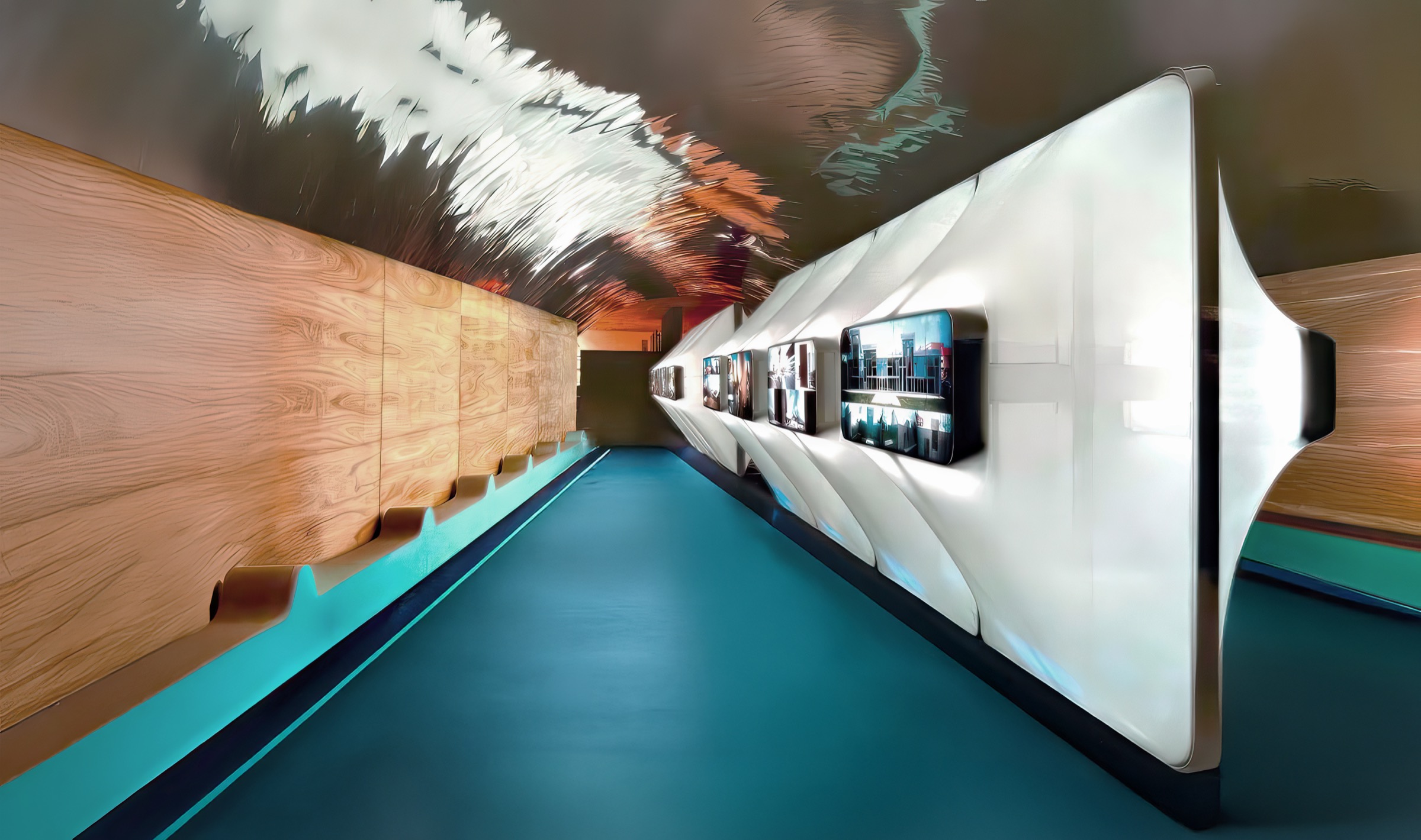 Habitas Installation in Madrid — an immersive corridor with a sculptural white display wall, embedded screens, wood paneling, and turquoise flooring