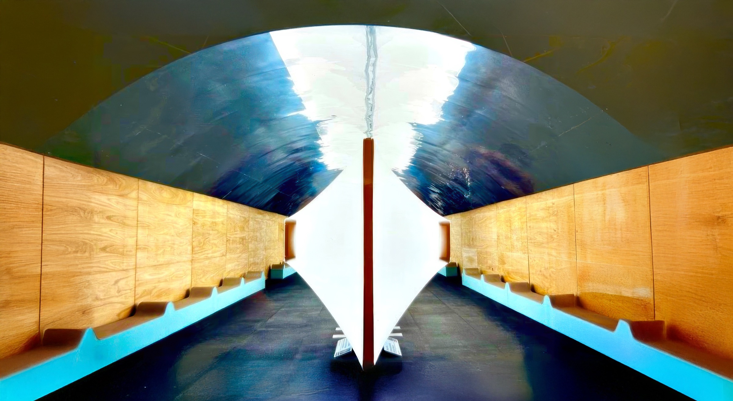 Symmetrical perspective of the Habitas Installation — the white sculptural display wall narrows to a vanishing point between wood-paneled walls beneath a reflective ceiling