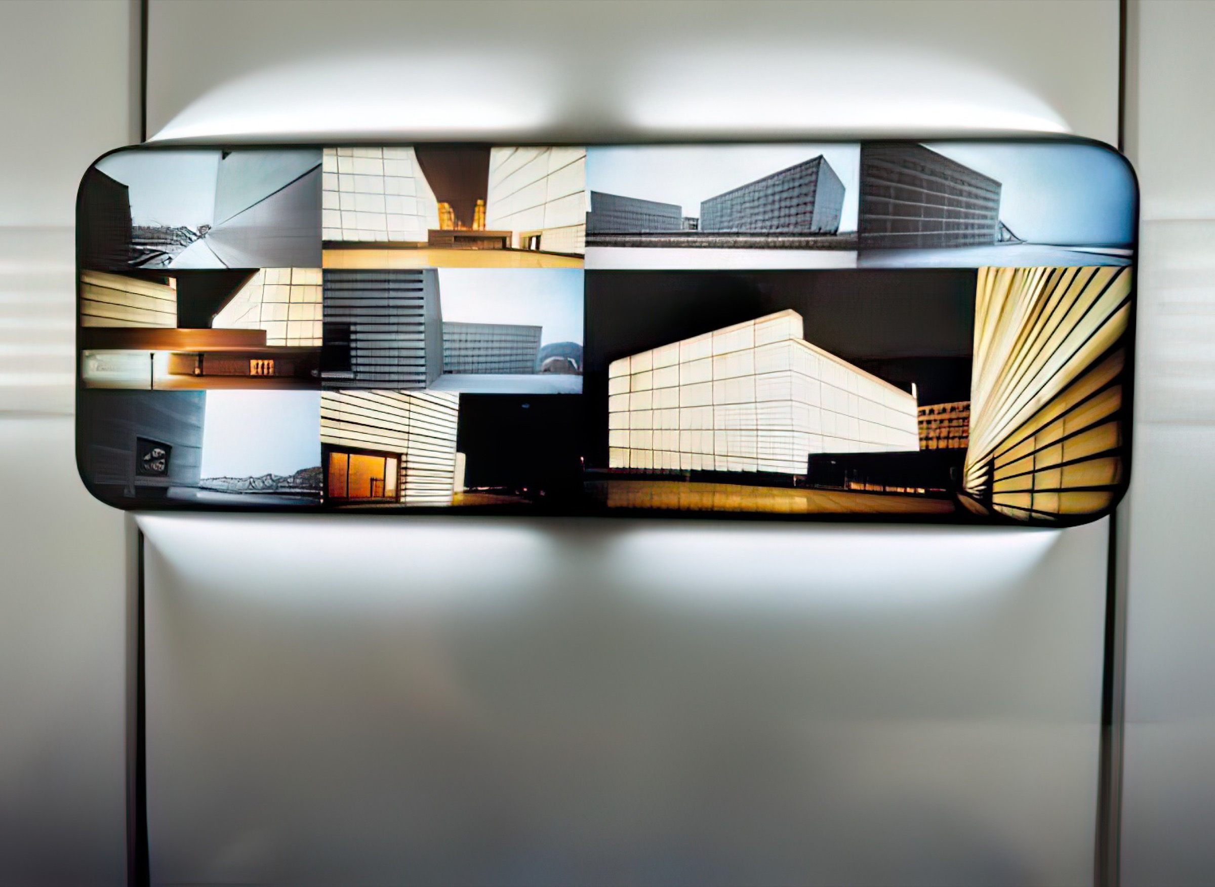 Detail of an embedded screen within the sculptural white wall displaying architectural imagery — a collage of building facades and perspectives