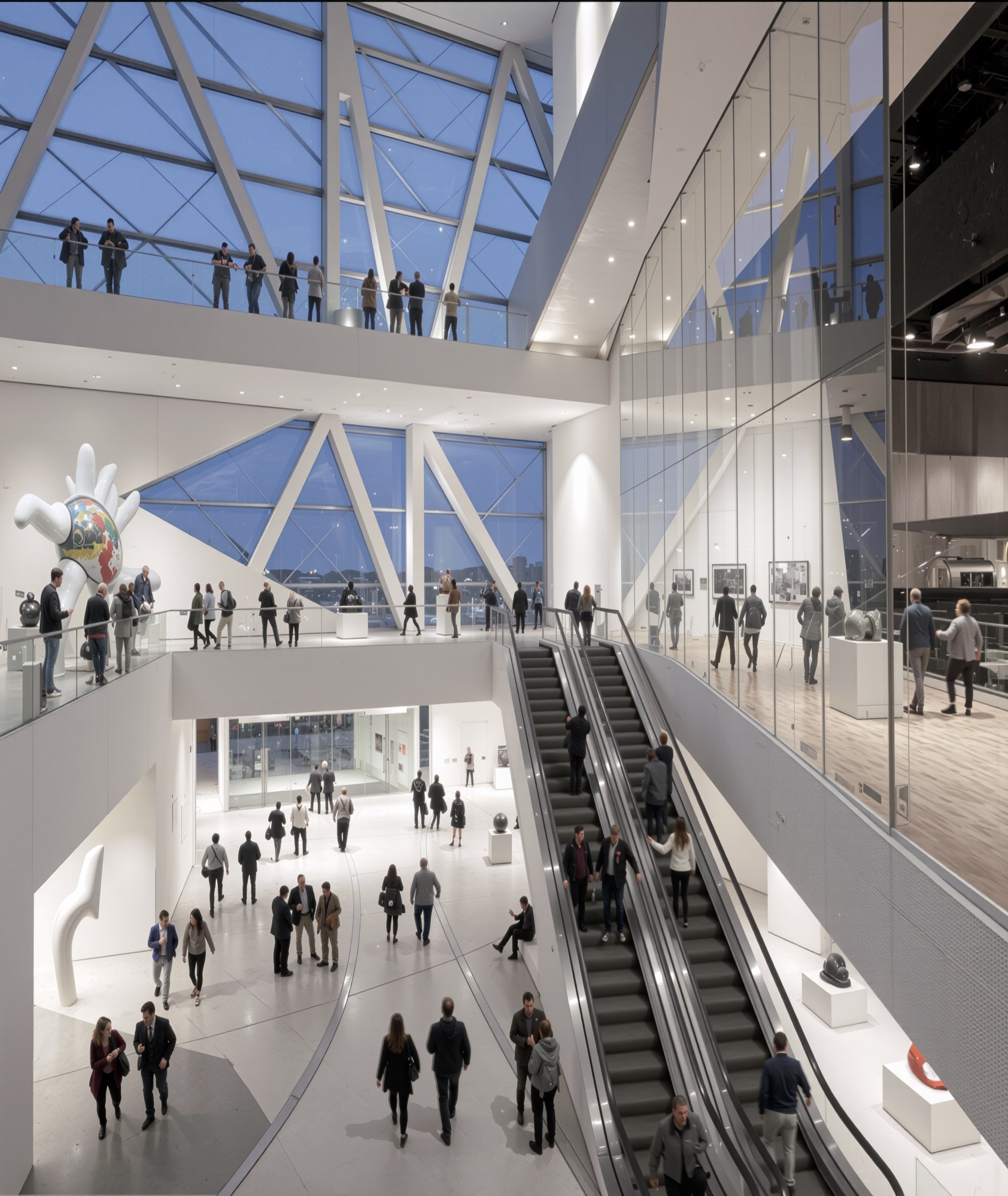Multi-level museum atrium with glass roof, escalators, and visitors across multiple floors