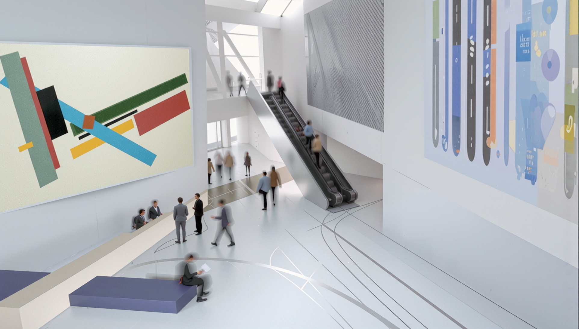 Bright white gallery interior with large contemporary artworks on walls and visitors throughout