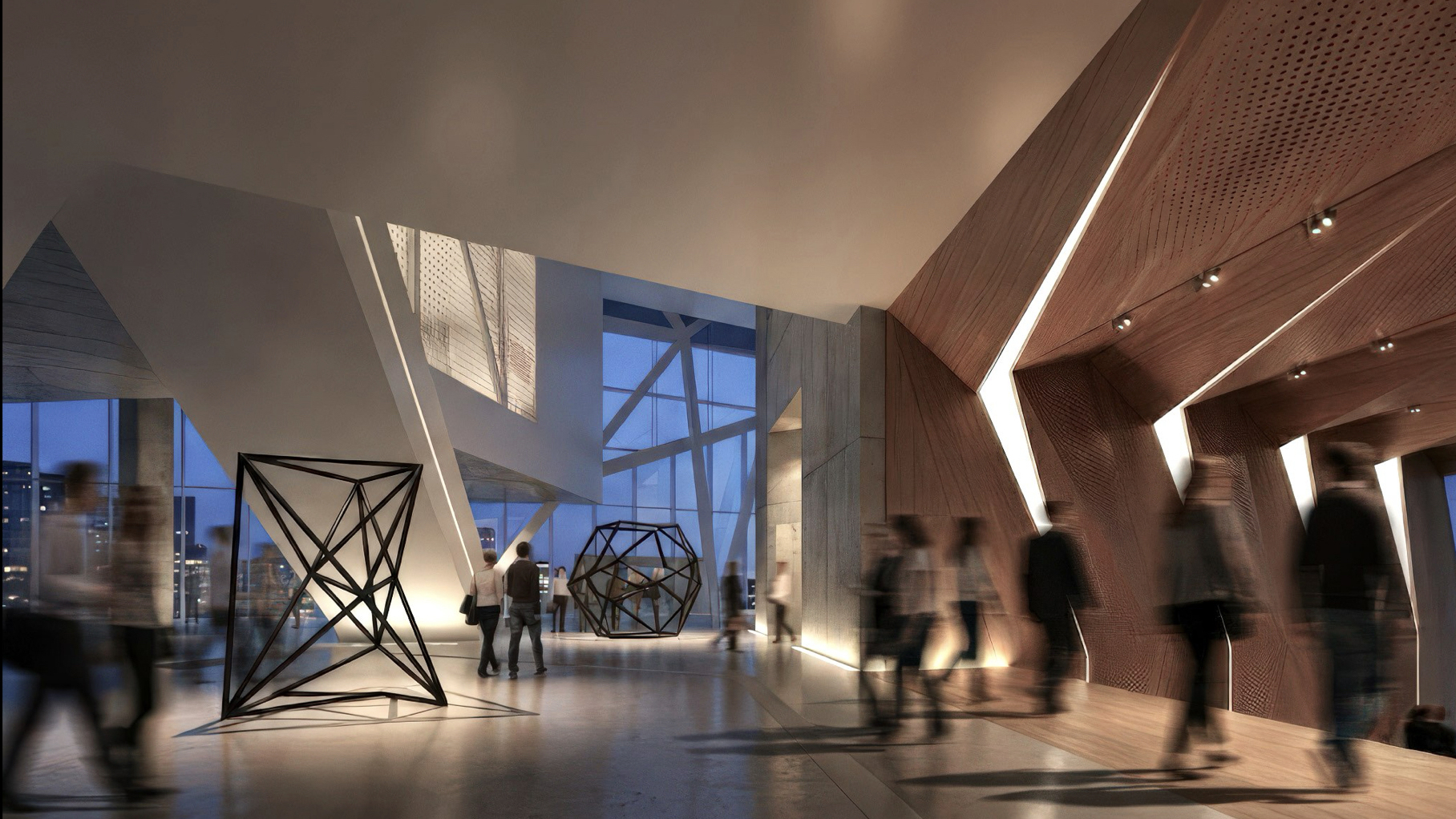Museum interior lobby at evening with angular wood-clad walls, geometric metal sculptures, and city views