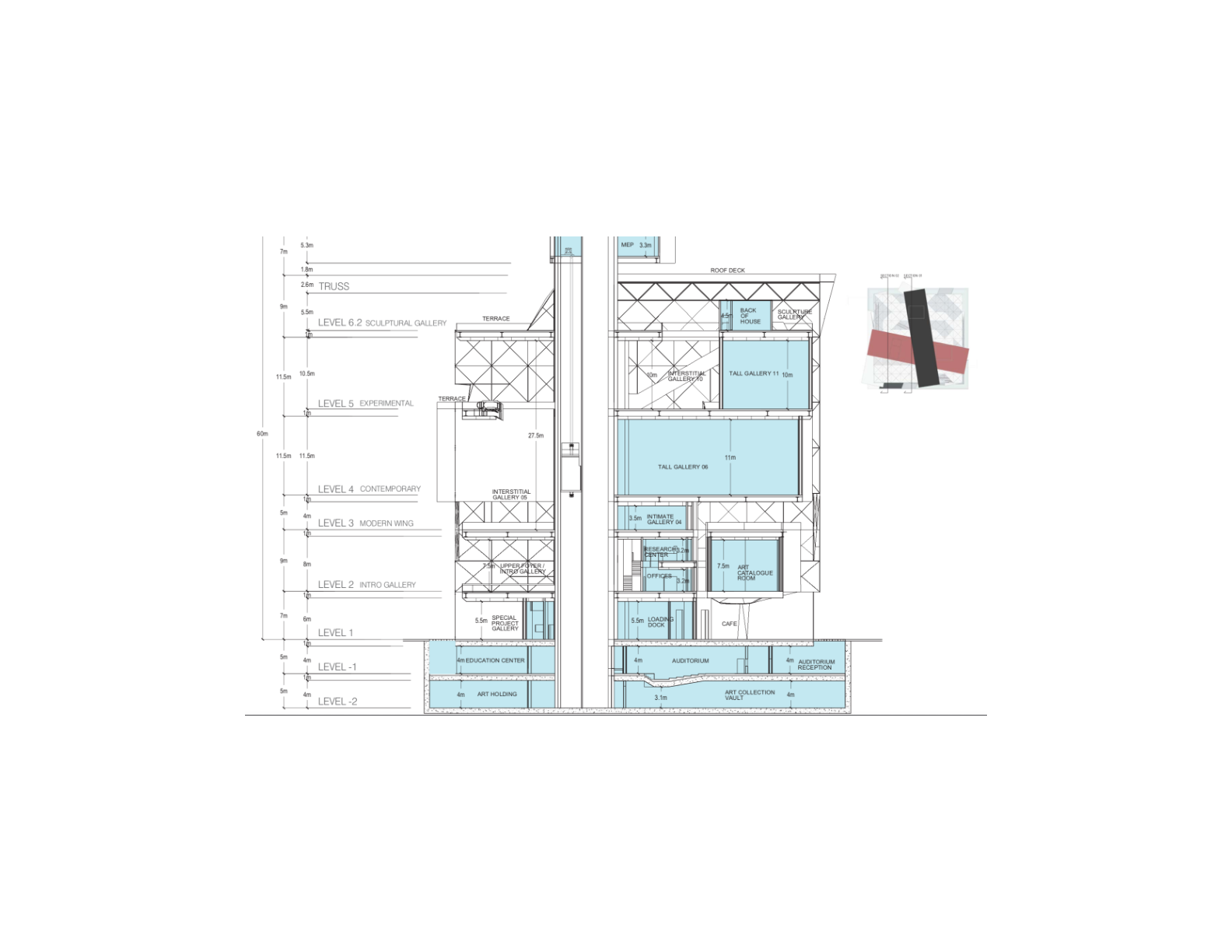 Building section drawing showing all levels, structural systems, and facade detail