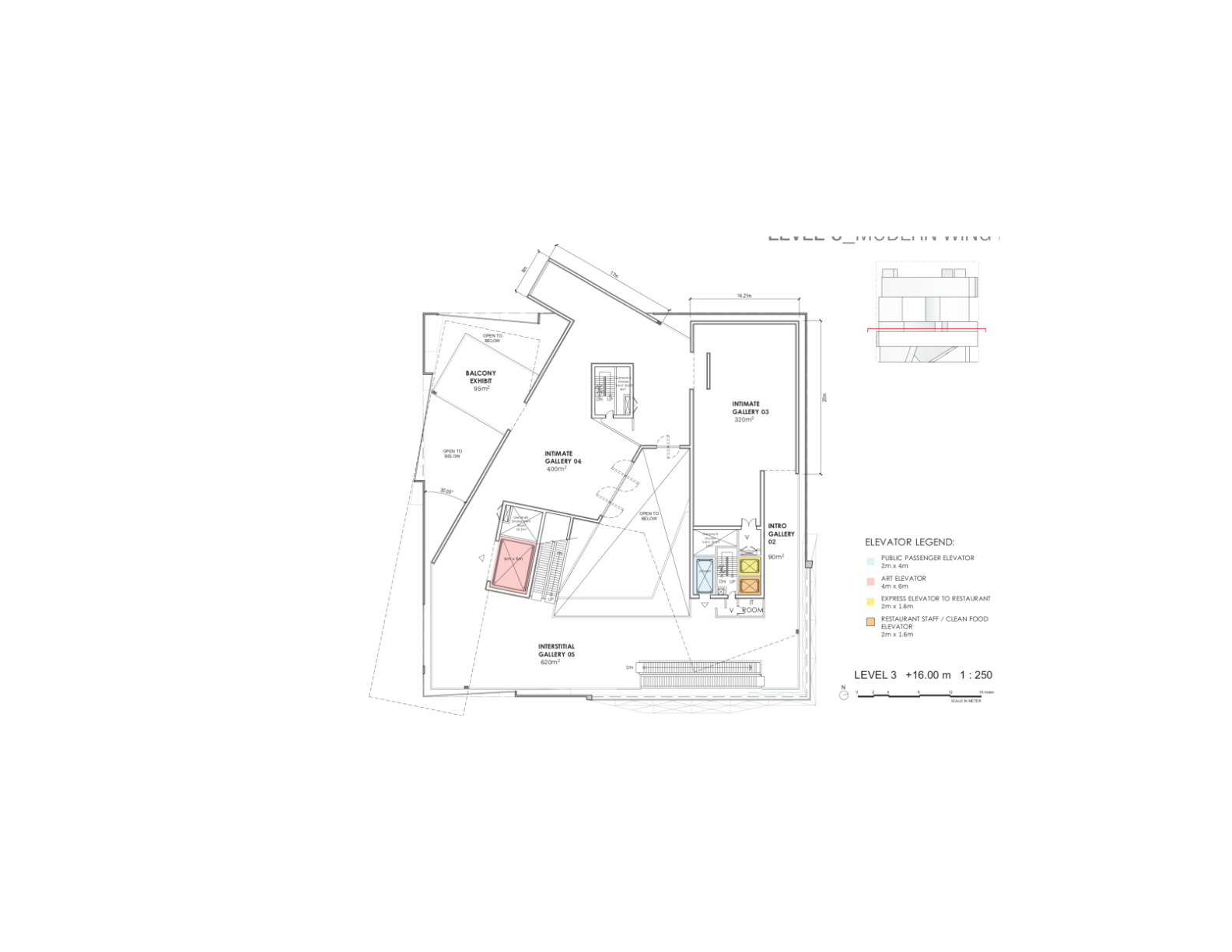 Level 3 floor plan showing gallery layout, circulation paths, and elevator legend