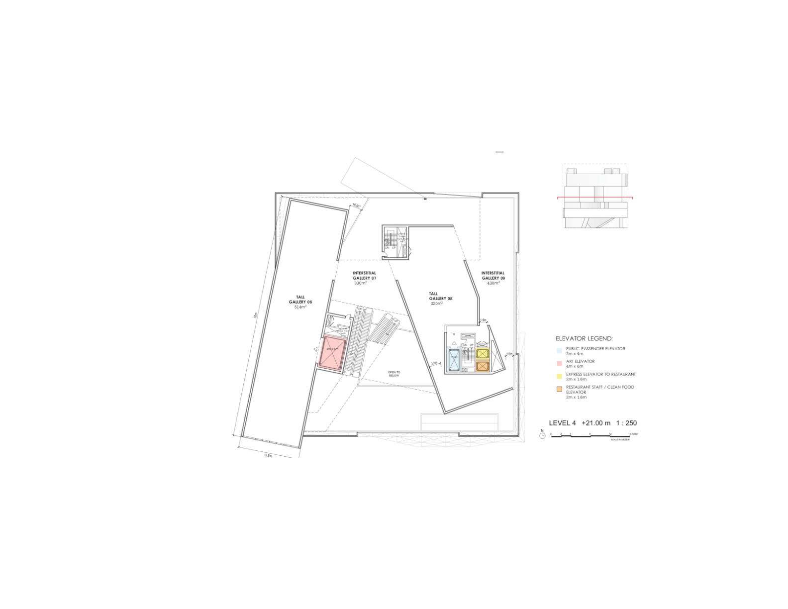Level 4 floor plan showing gallery zones, service areas, and elevator core