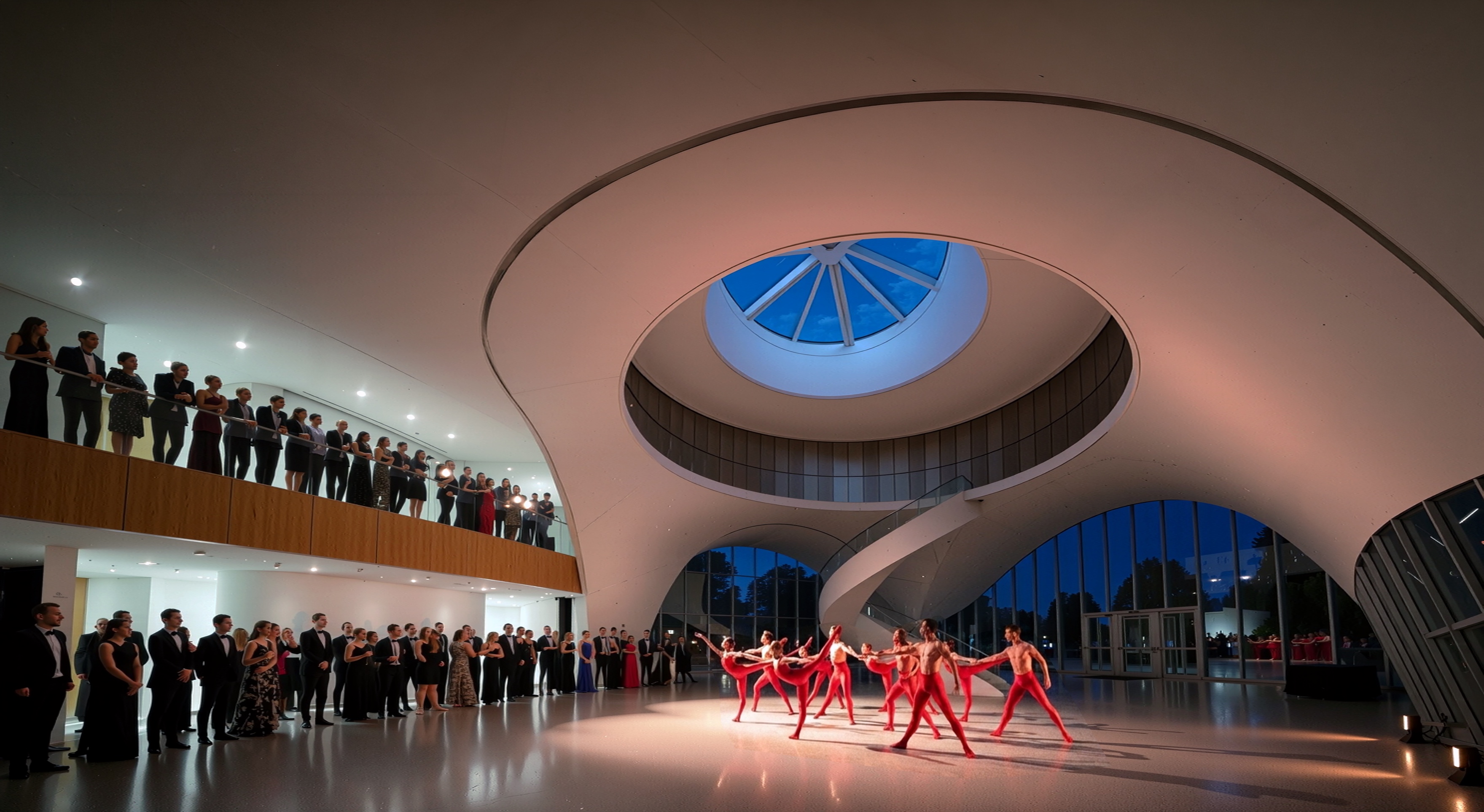 Dancers performing beneath the sweeping curved ceiling and illuminated oculus of the main performance hall