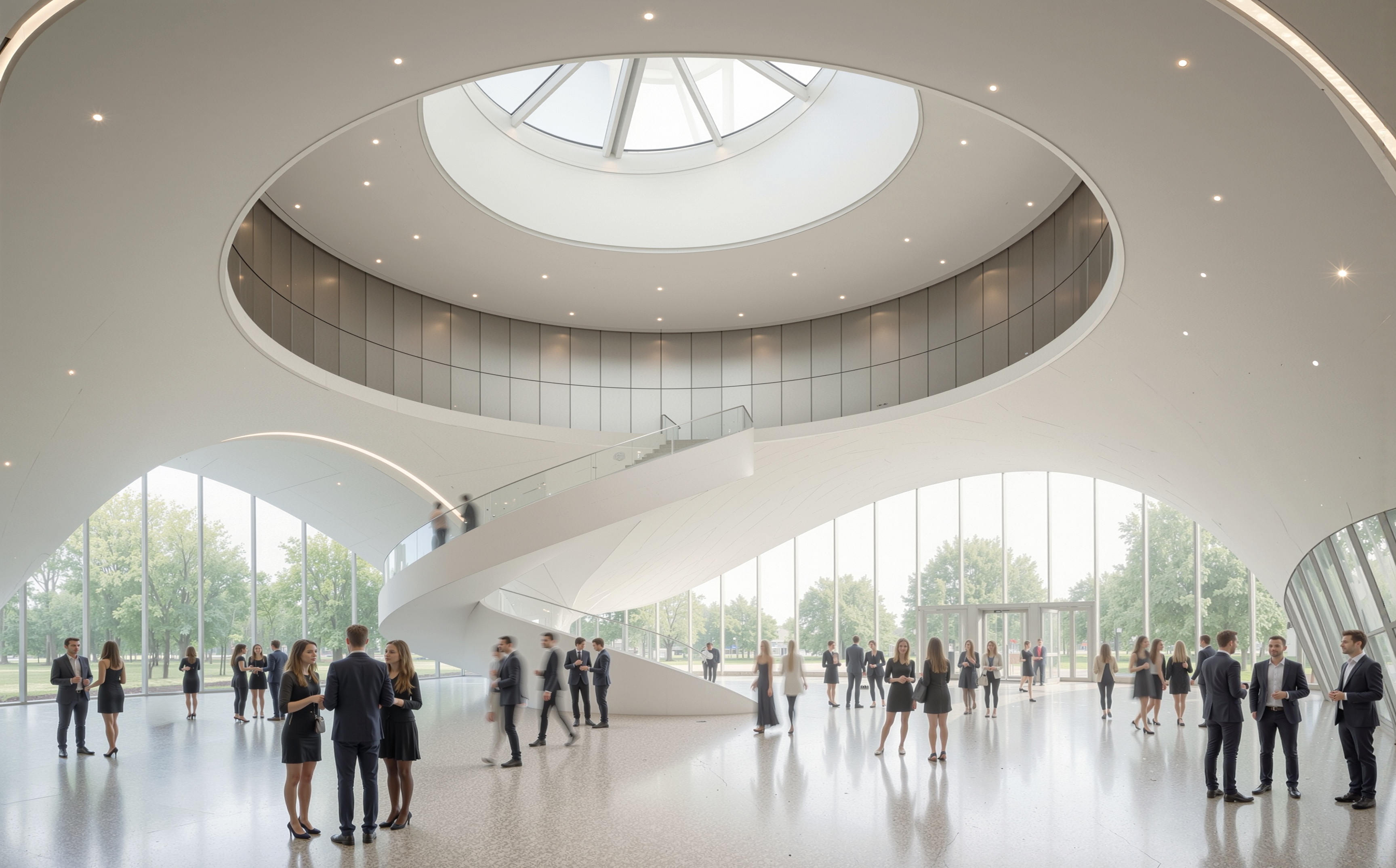 Grand atrium with sculptural spiral staircase and visitors gathering beneath the central oculus