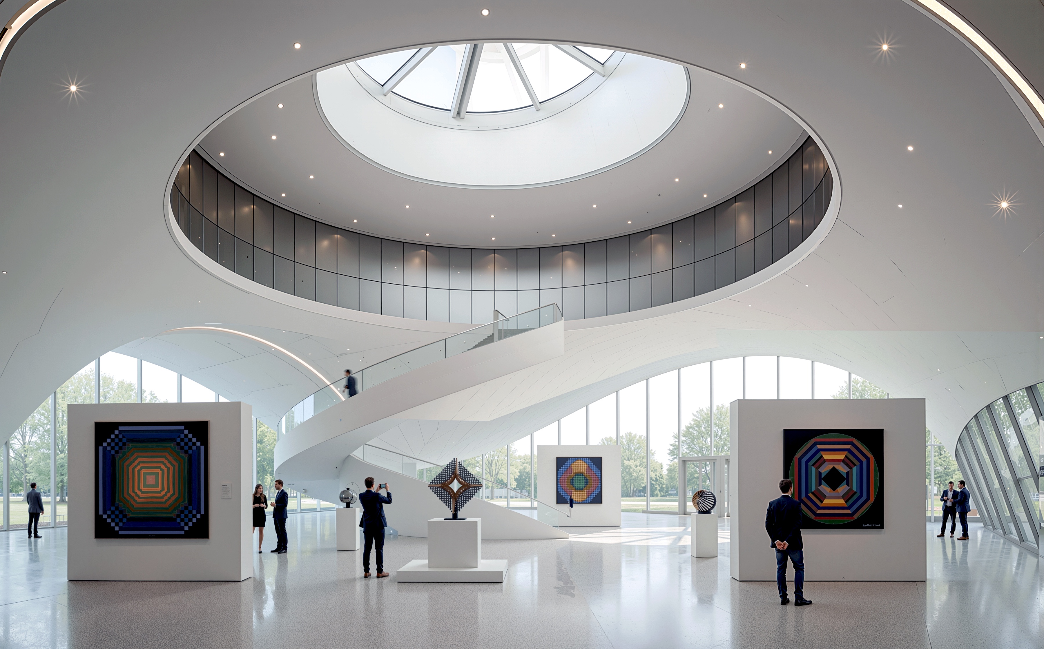 Interior gallery space with spiral staircase, oculus skylight, and displayed artworks
