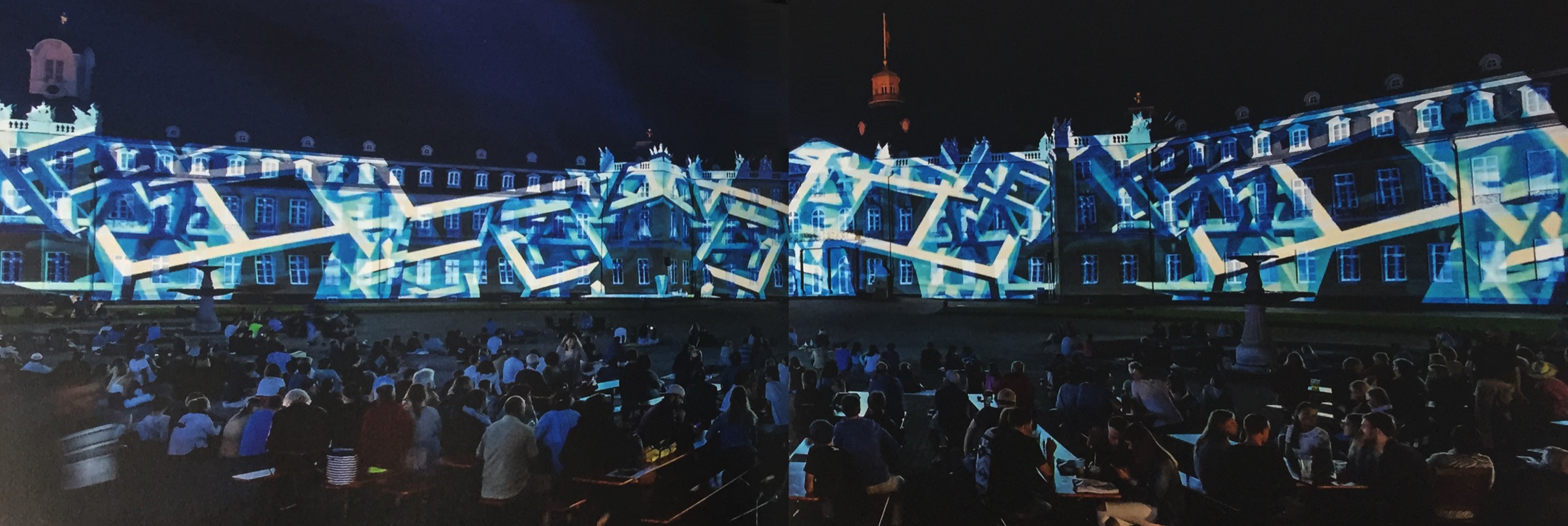 Panoramic view of Hyperfine Splitting 008 projection on the Karlsruhe Palace facade — ZKM Schlosslichtspiele