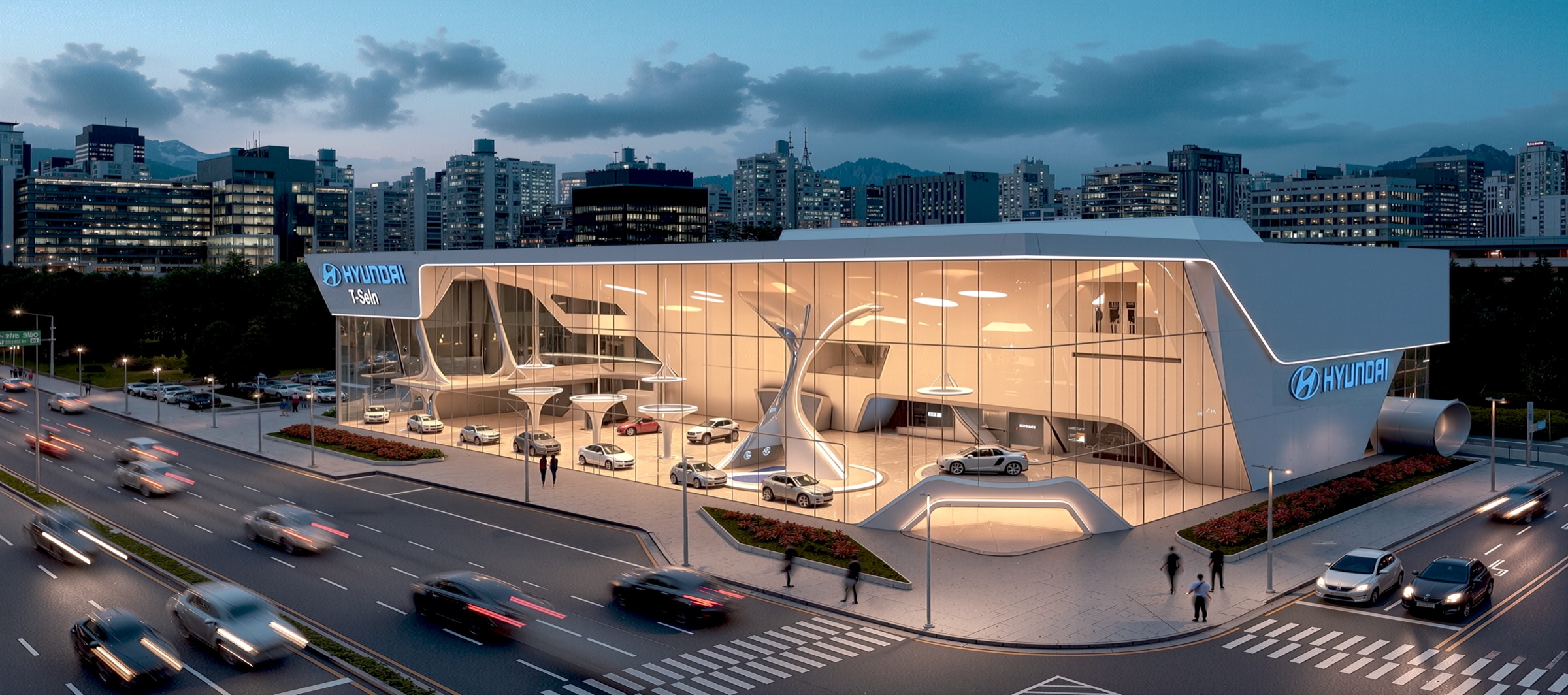 Elevated dusk view of the Hyundai showroom building with its angular glass facade illuminated from within, set against the Seoul skyline with motion-blurred traffic on the street below