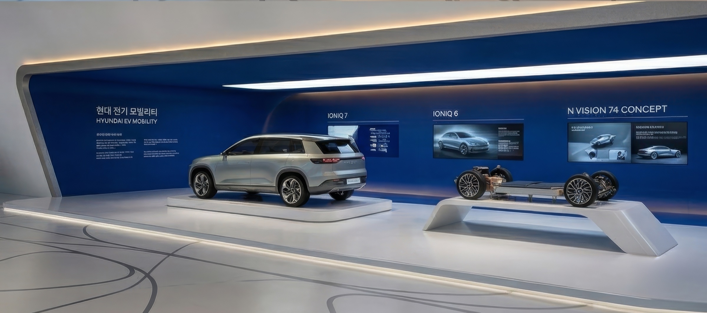 Interior of the EV Mobility exhibition area displaying a Hyundai IONIQ SUV alongside an exposed electric vehicle chassis and powertrain, with blue-lit digital information walls featuring the IONIQ lineup