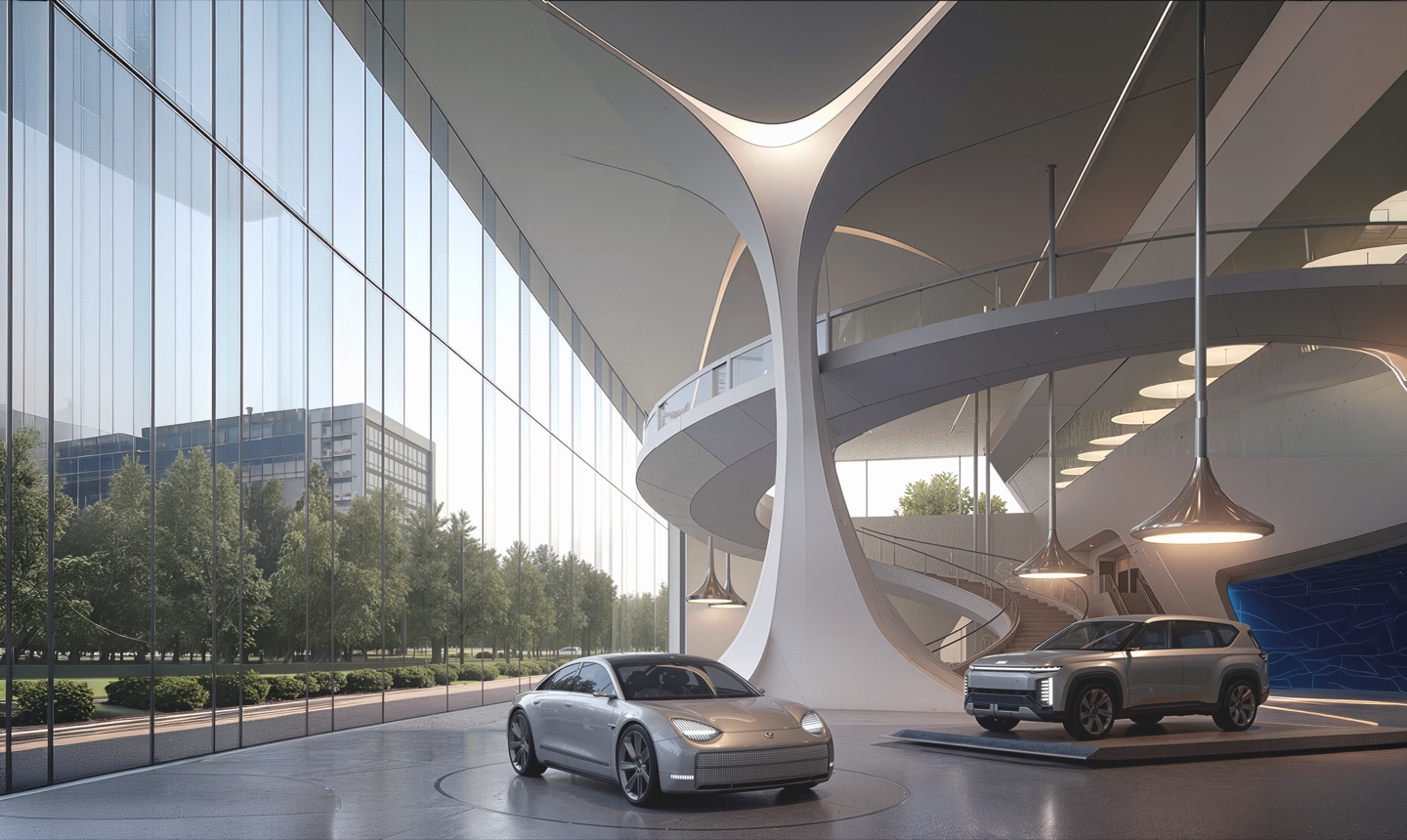 Exterior view of the showroom featuring tree-like white structural columns supporting the cantilevered upper level, with two vehicles parked beneath the covered forecourt and a glass curtain wall beyond