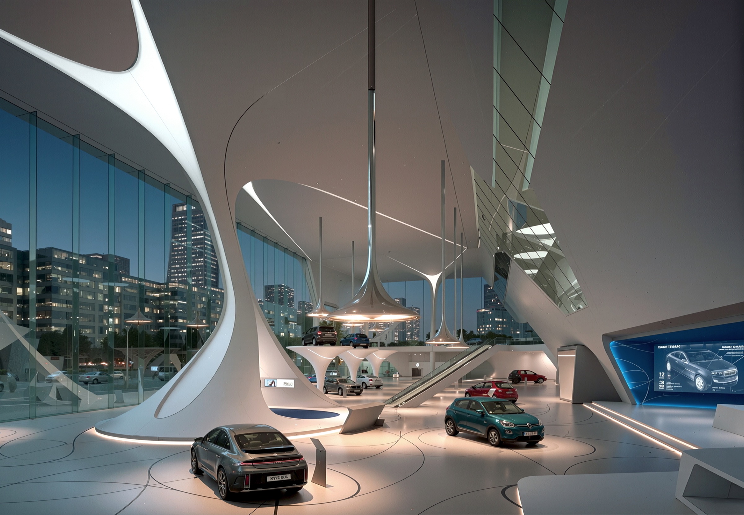 Interior night view of Hyundai showroom featuring sculptural organic columns, multi-level display floors with vehicles, and a panoramic glass wall revealing the Seoul city skyline