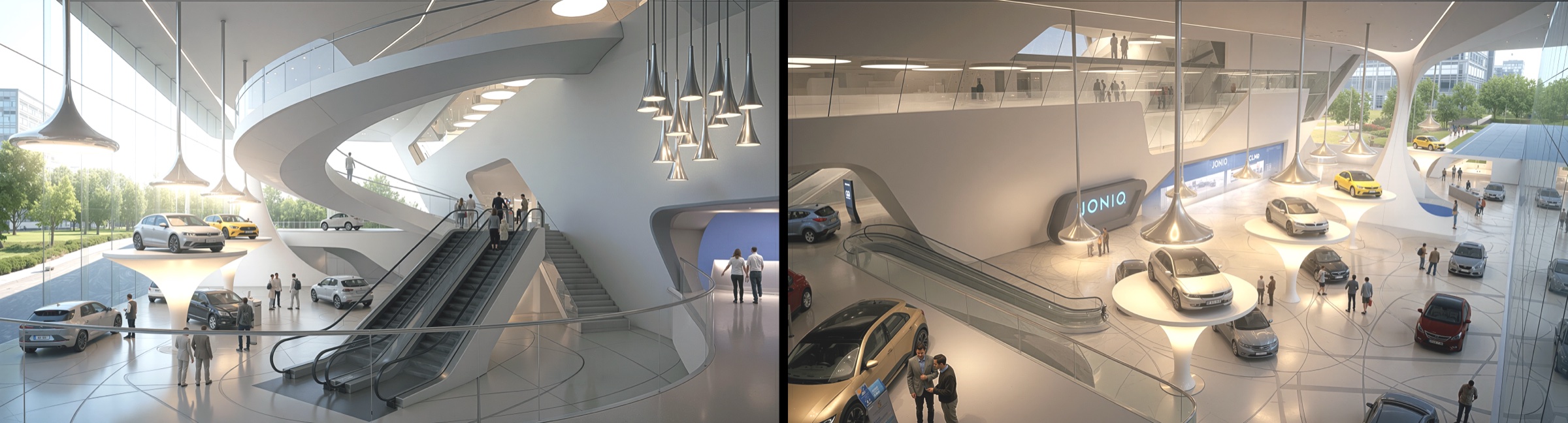 Split view of the multi-level showroom interior showing escalators, sweeping curved balconies, sculptural pendant lighting, and vehicles displayed across both levels with IONIQ branding